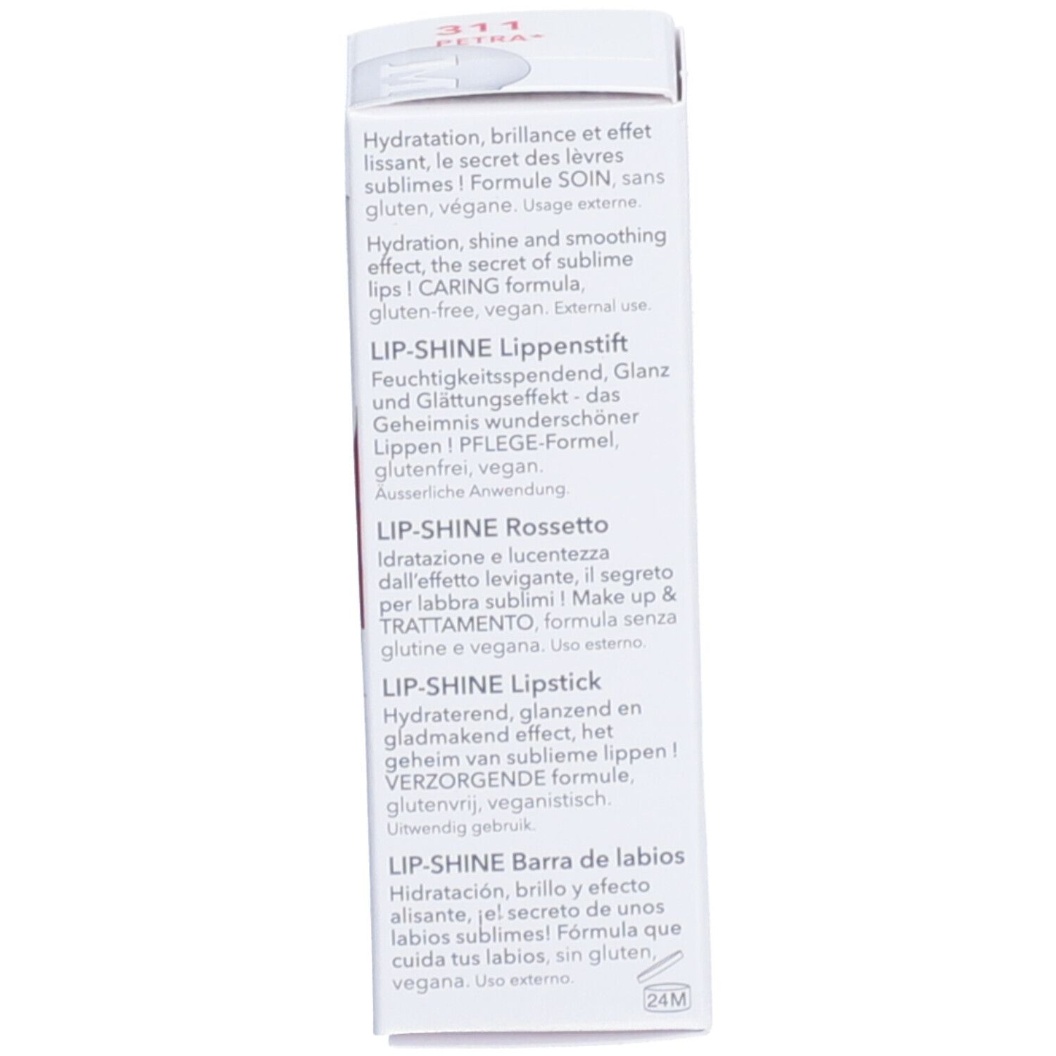 Text auf der weißen Verpackung in verschiedenen Sprachen, darunter 'LIP-SHINE'.