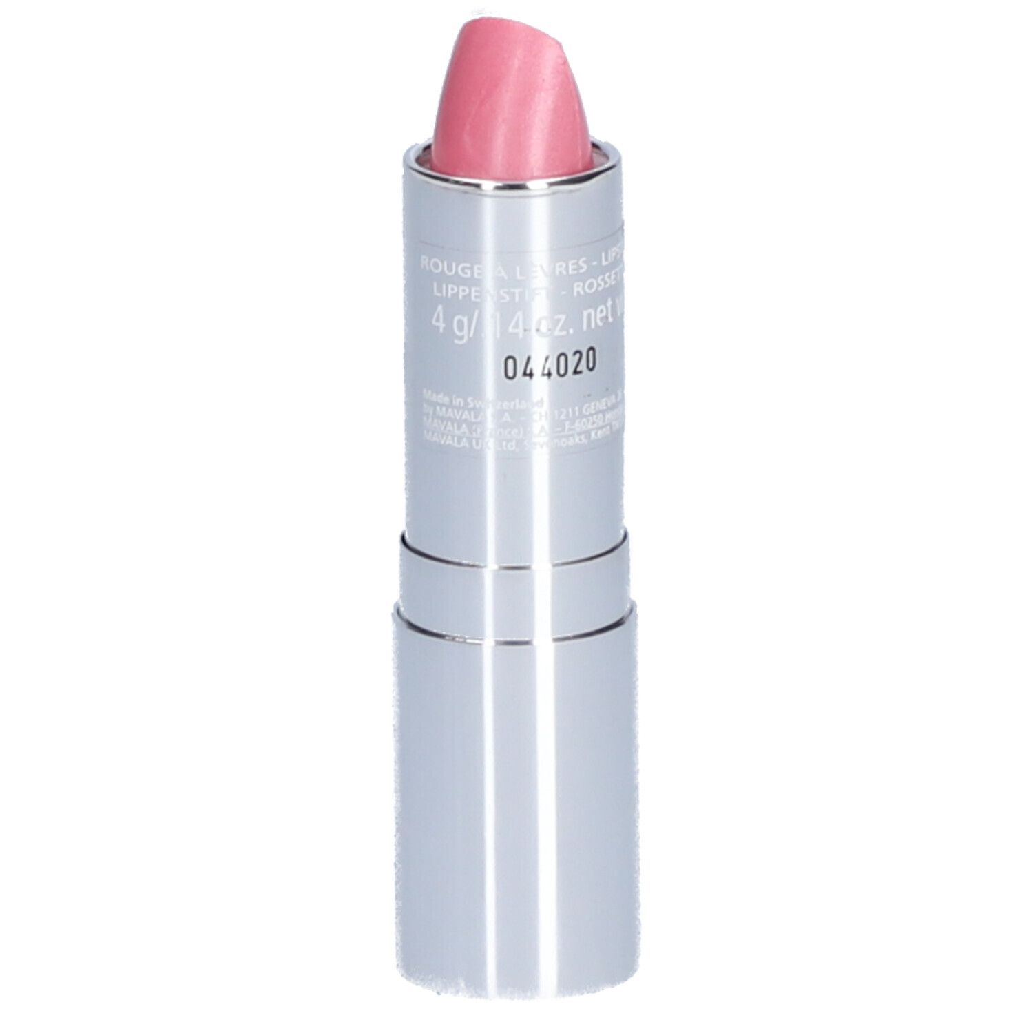 Lippenstift mit rosa Spitze in silberner Hülse. Aufschrift: 4 g / .14 oz. net. 044020.