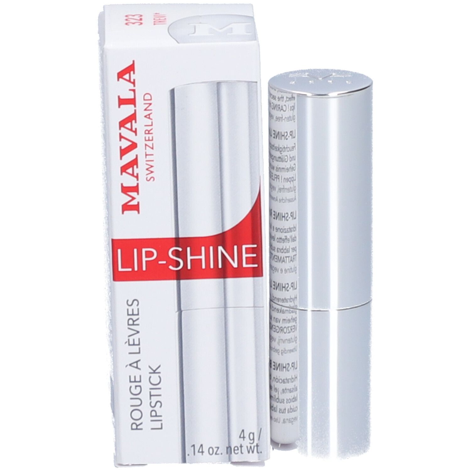 Lippenstift und Verpackung. Aufschrift: MAVALA SWITZERLAND, LIP-SHINE, ROUGE À LÈVRES LIPSTICK, 4 g / .14 oz. net.