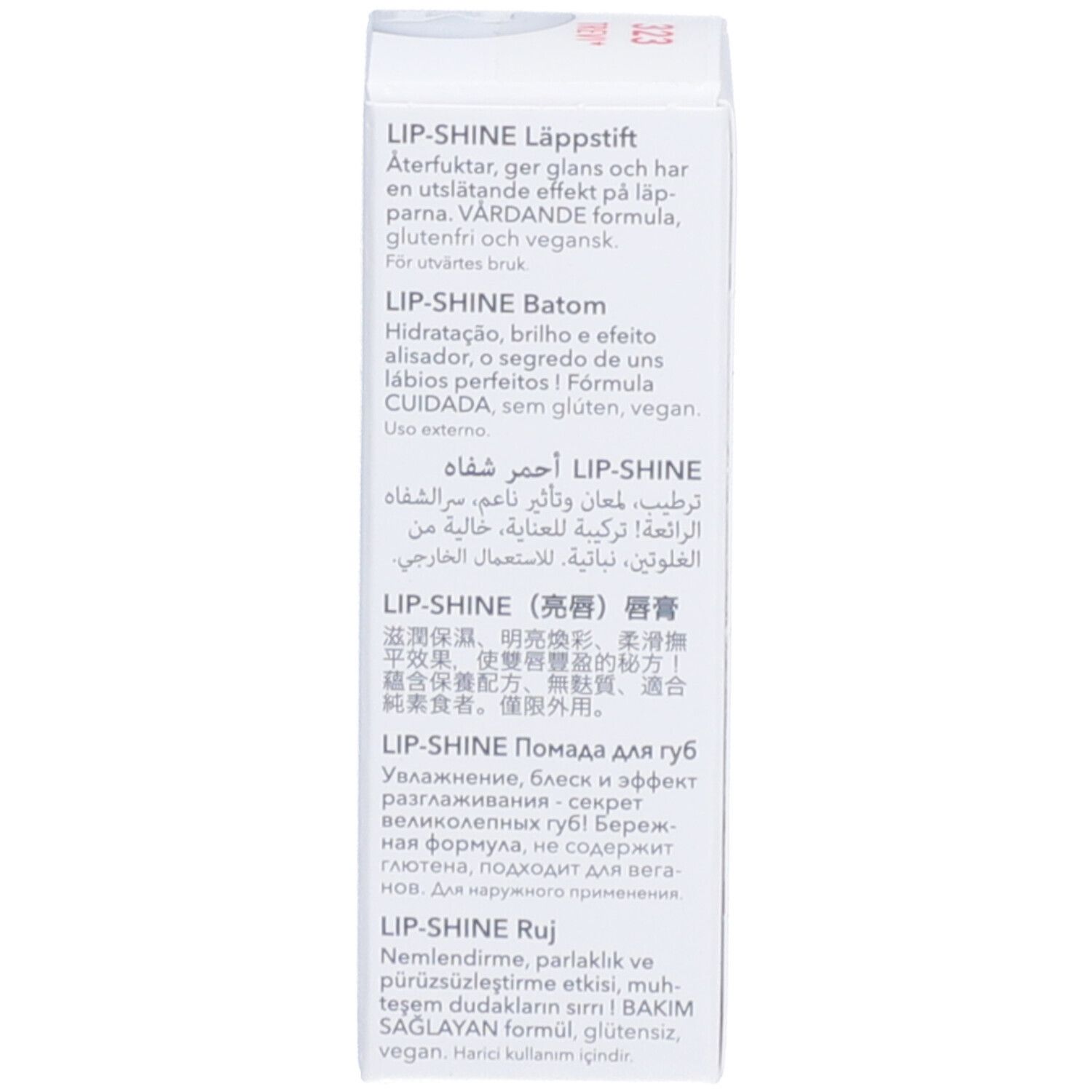 Verpackung mit Text in mehreren Sprachen. Aufschrift: LIP-SHINE, Inhaltsangaben.