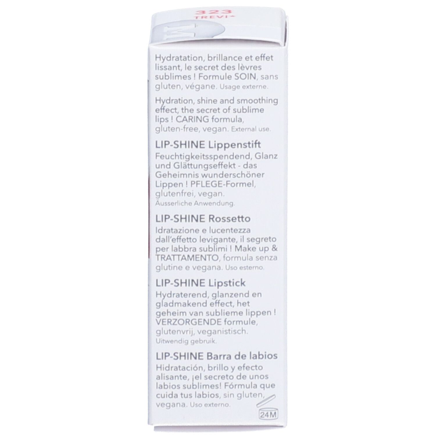Verpackung mit Text in mehreren Sprachen. Aufschrift: LIP-SHINE, Inhaltsangaben.