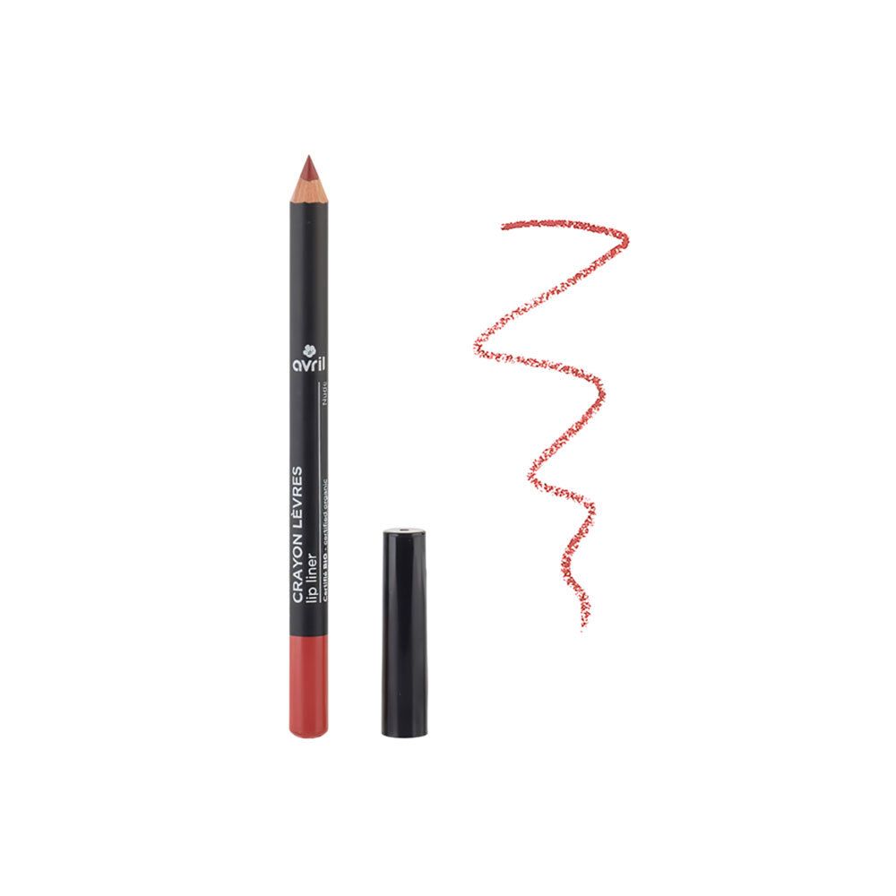 Lippenkonturenstift, rotbraun. Mit schwarzer Kappe. Text: Crayon Lèvres, Lip liner, Avril. Zertifiziert Bio.
