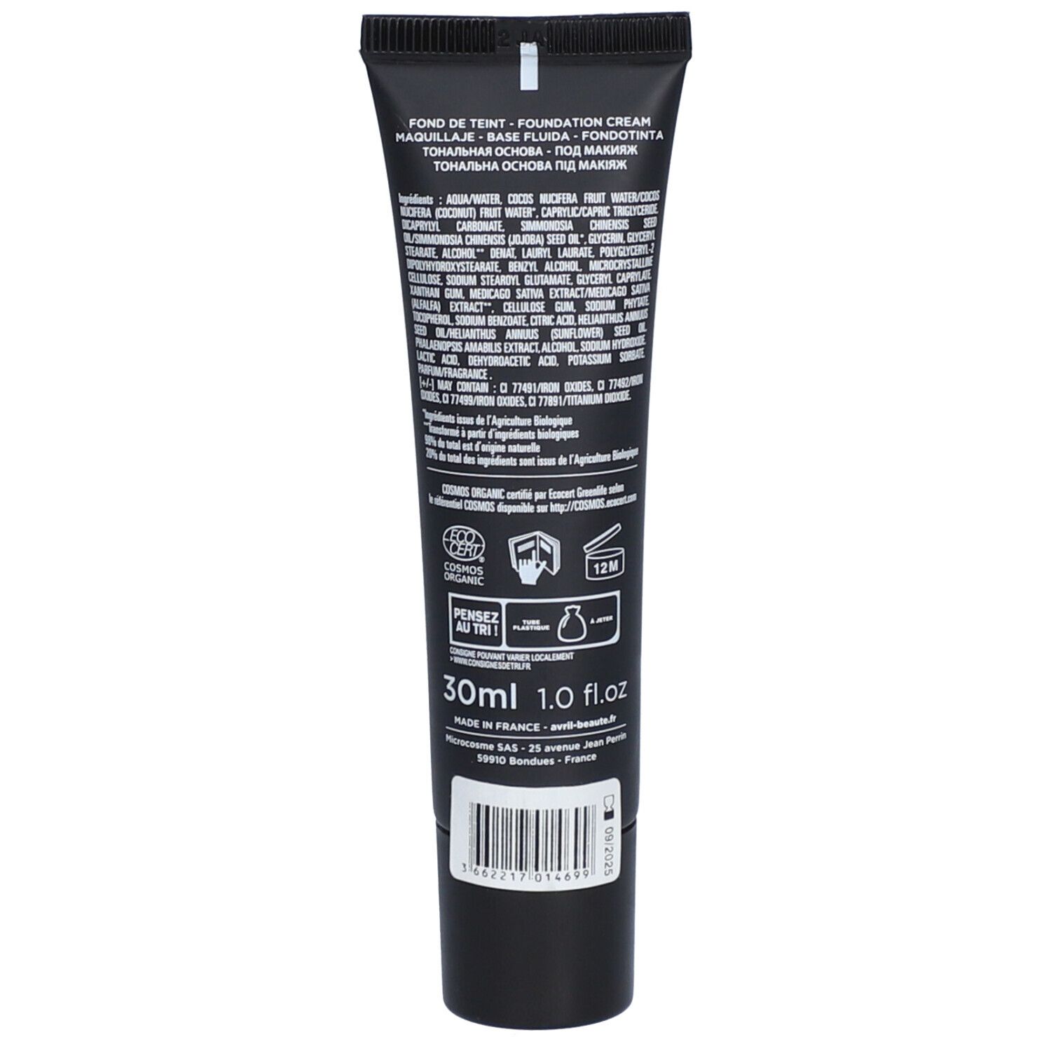 Rückseite der Foundation-Tube. Inhaltsstoffe, Bio-Siegel, 30ml, 1.0 fl.oz. Haltbarkeit 12M.