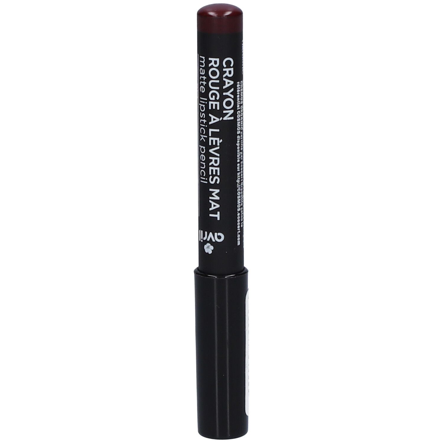 Lippenstiftstift, dunkelroter Stift mit schwarzem Gehäuse. Aufschrift: Crayon Rouge à Lèvres Mat.