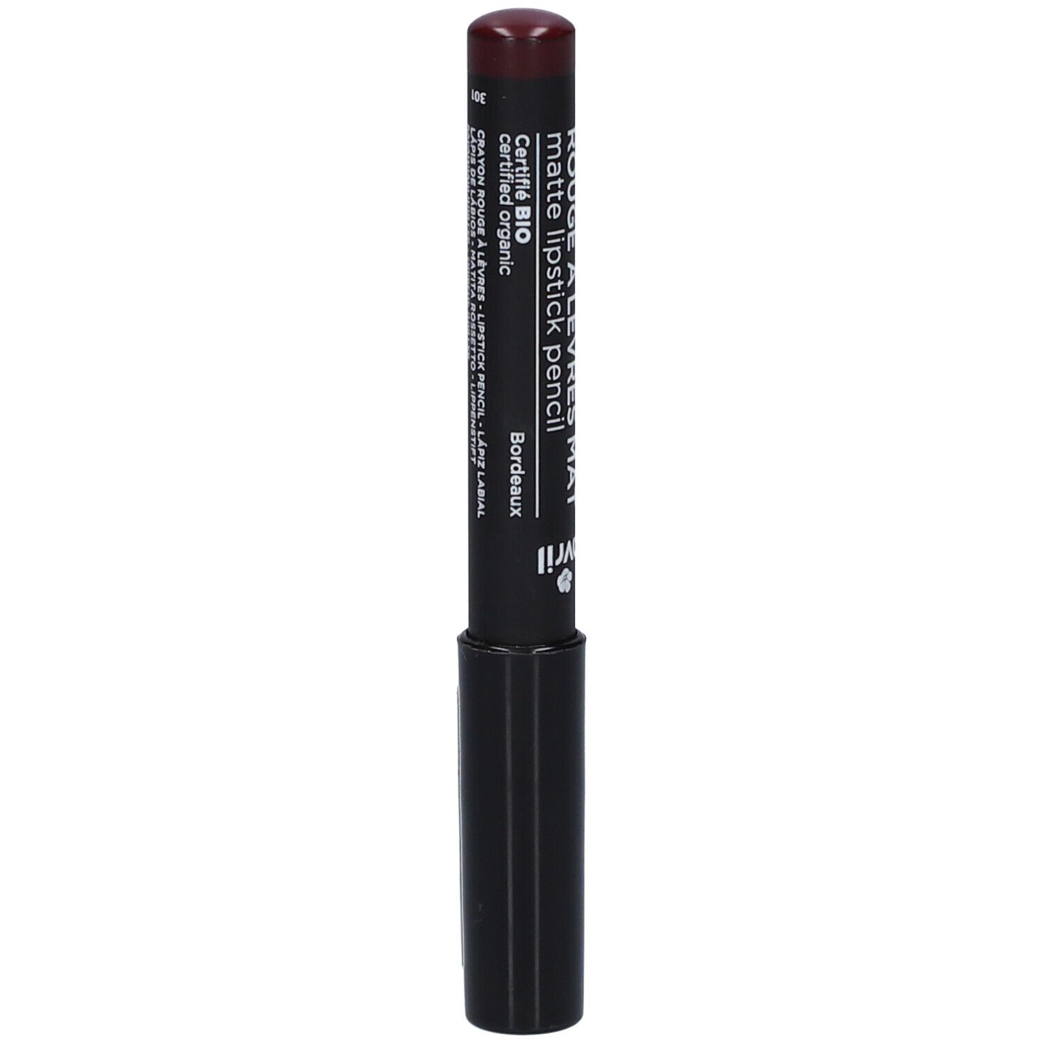 Dunkelroter Lippenstiftstift mit schwarzem Gehäuse. Aufschrift: Crayon Rouge à Lèvres Mat. Zertifiziert Bio.