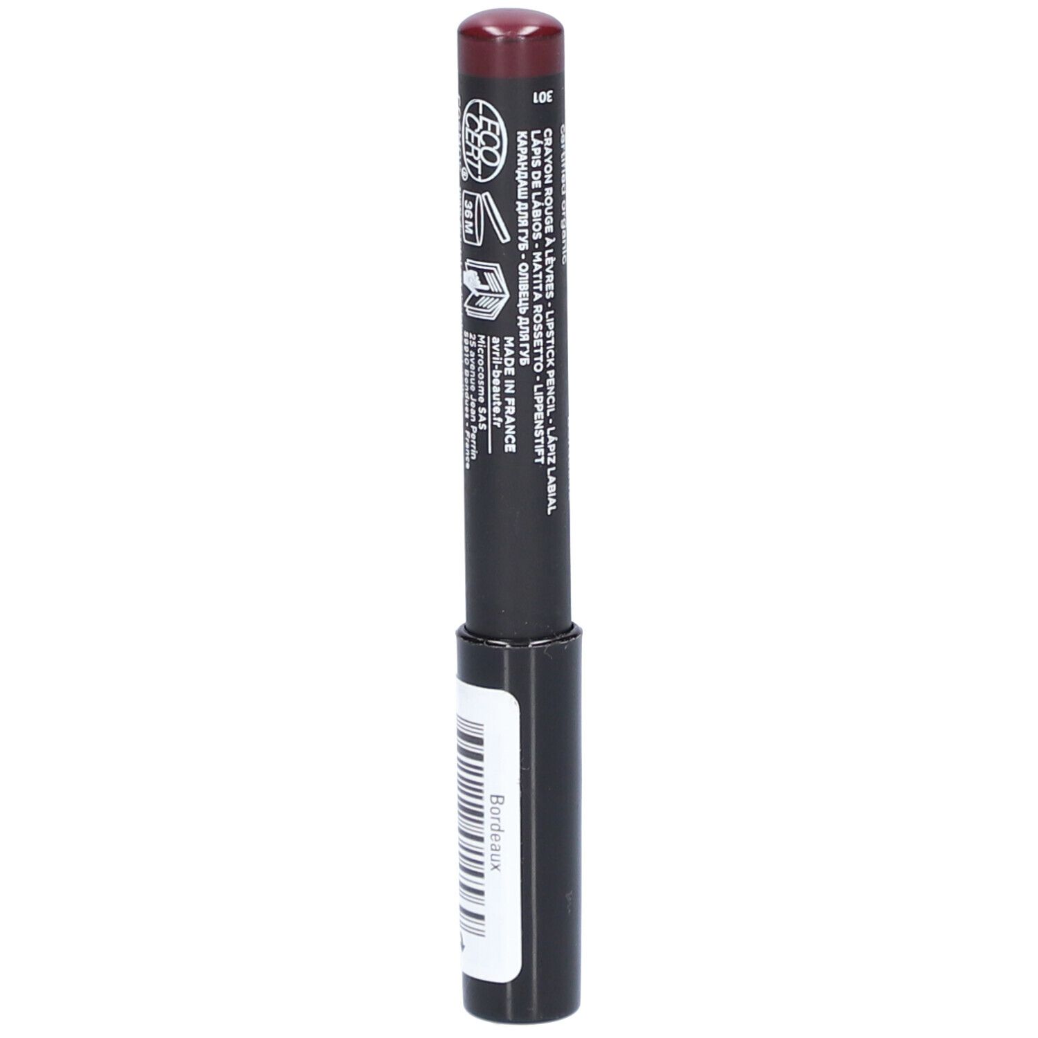 Lippenstiftstift, dunkelroter Stift mit schwarzem Gehäuse. Aufschrift: Crayon Rouge à Lèvres Mat. Made in France.