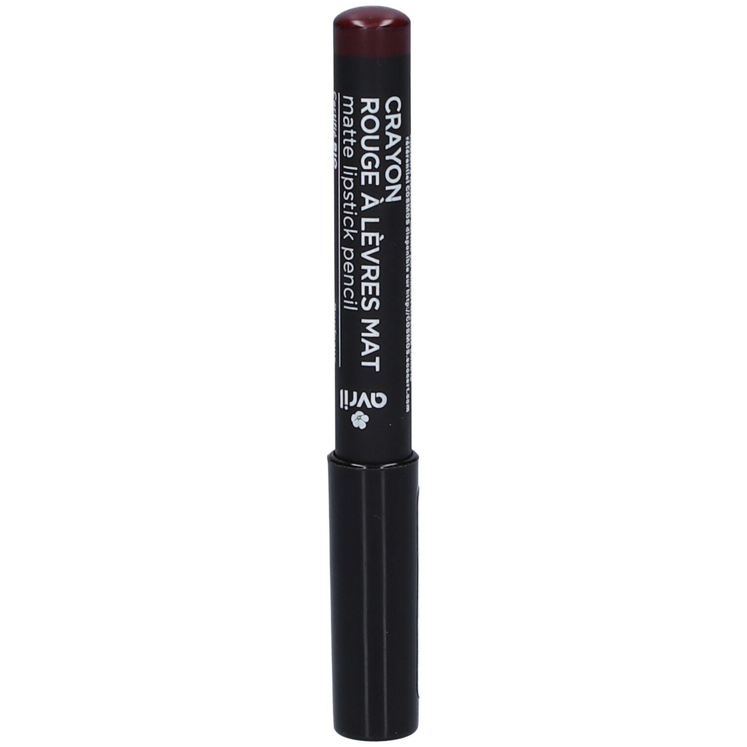 Dunkelroter Lippenstiftstift mit schwarzem Gehäuse. Aufschrift: Crayon Rouge à Lèvres Mat. Marke: Avril.