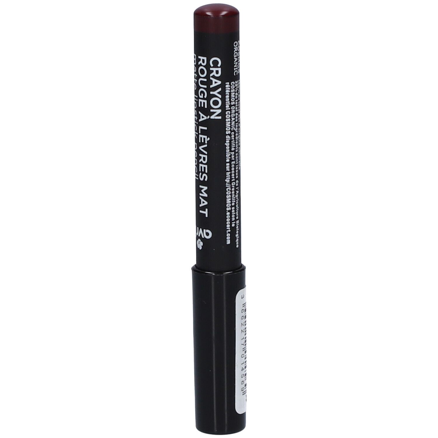 Dunkelroter Lippenstiftstift mit schwarzem Gehäuse. Aufschrift: Crayon Rouge à Lèvres Mat. Zertifiziert Organic.
