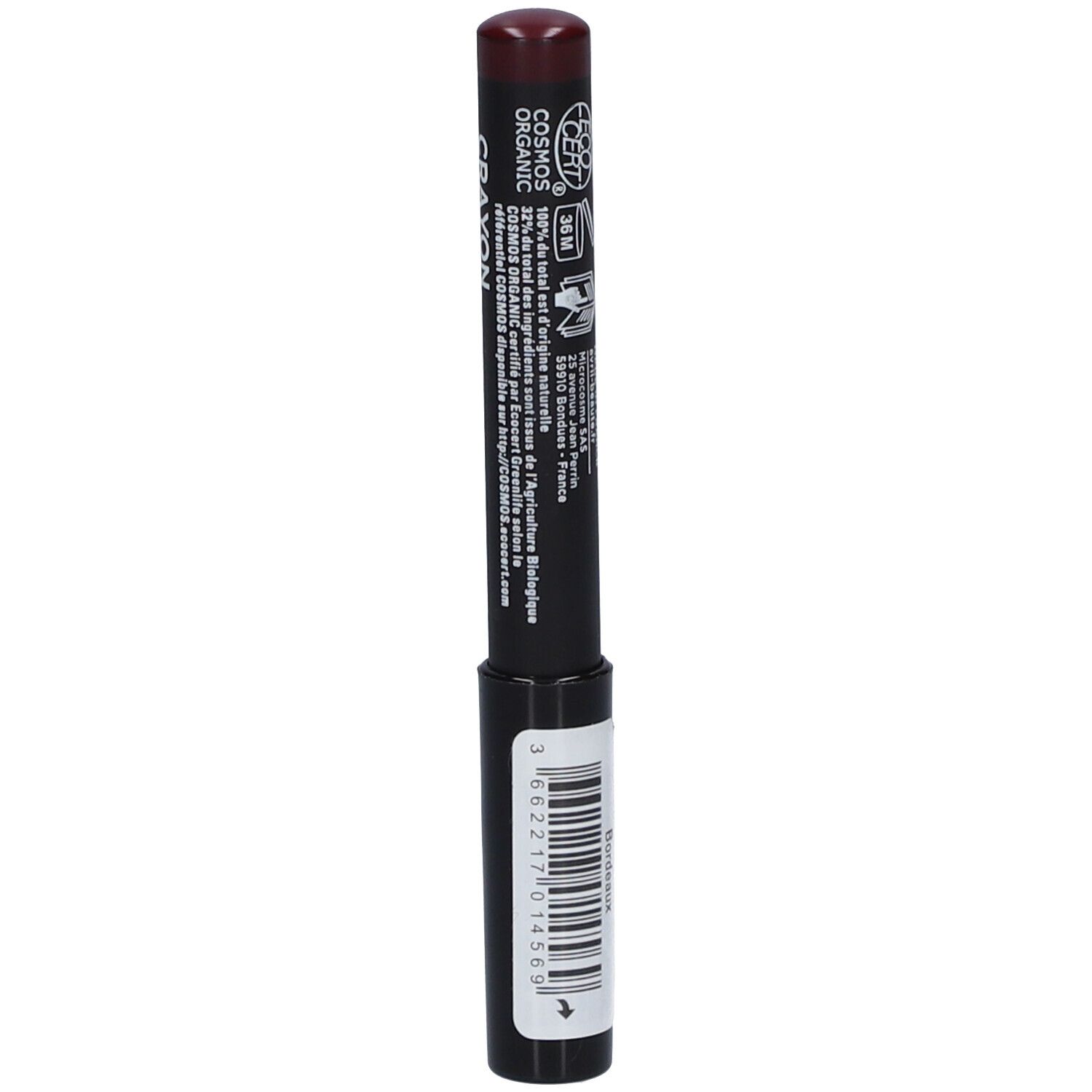 Lippenstiftstift, dunkelroter Stift mit schwarzem Gehäuse. Aufschrift: Crayon Rouge à Lèvres Mat. COSMOS ORGANIC.