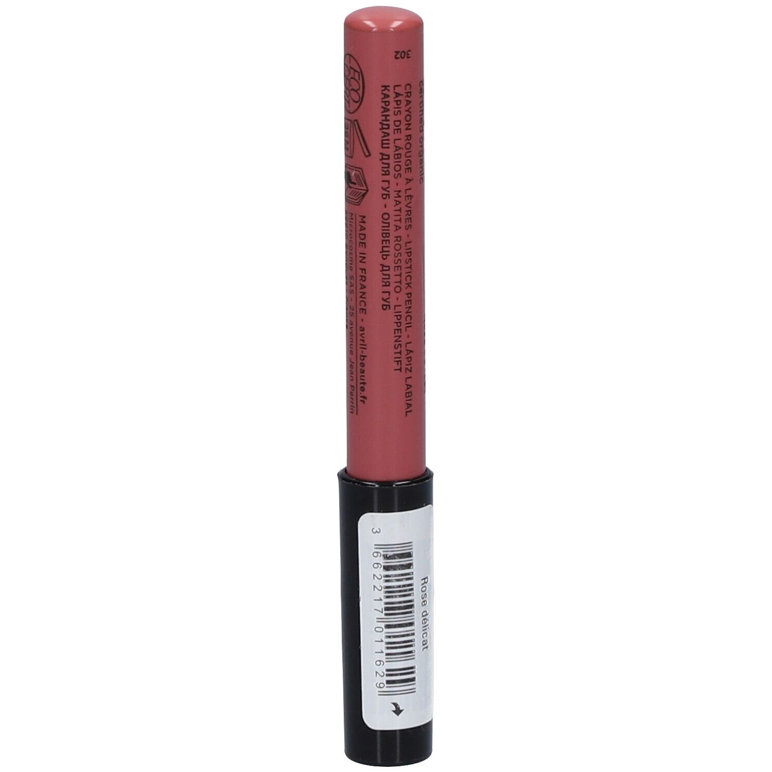 Lippenkonturenstift, rosa. Schwarzer Schaft, rosafarbener Stift. Aufschrift: Crayon Rouge à Lèvres, Rose délicat.