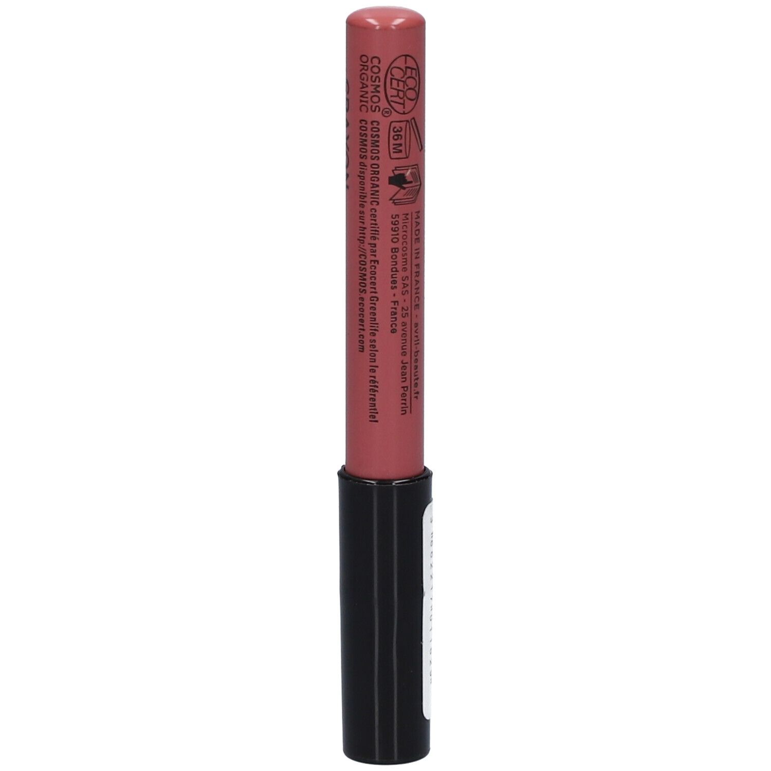 Lippenkonturenstift, rosa. Schwarzer Schaft, rosafarbener Stift. Aufschrift: Crayon Rouge à Lèvres. Eco-Zertifizierung.