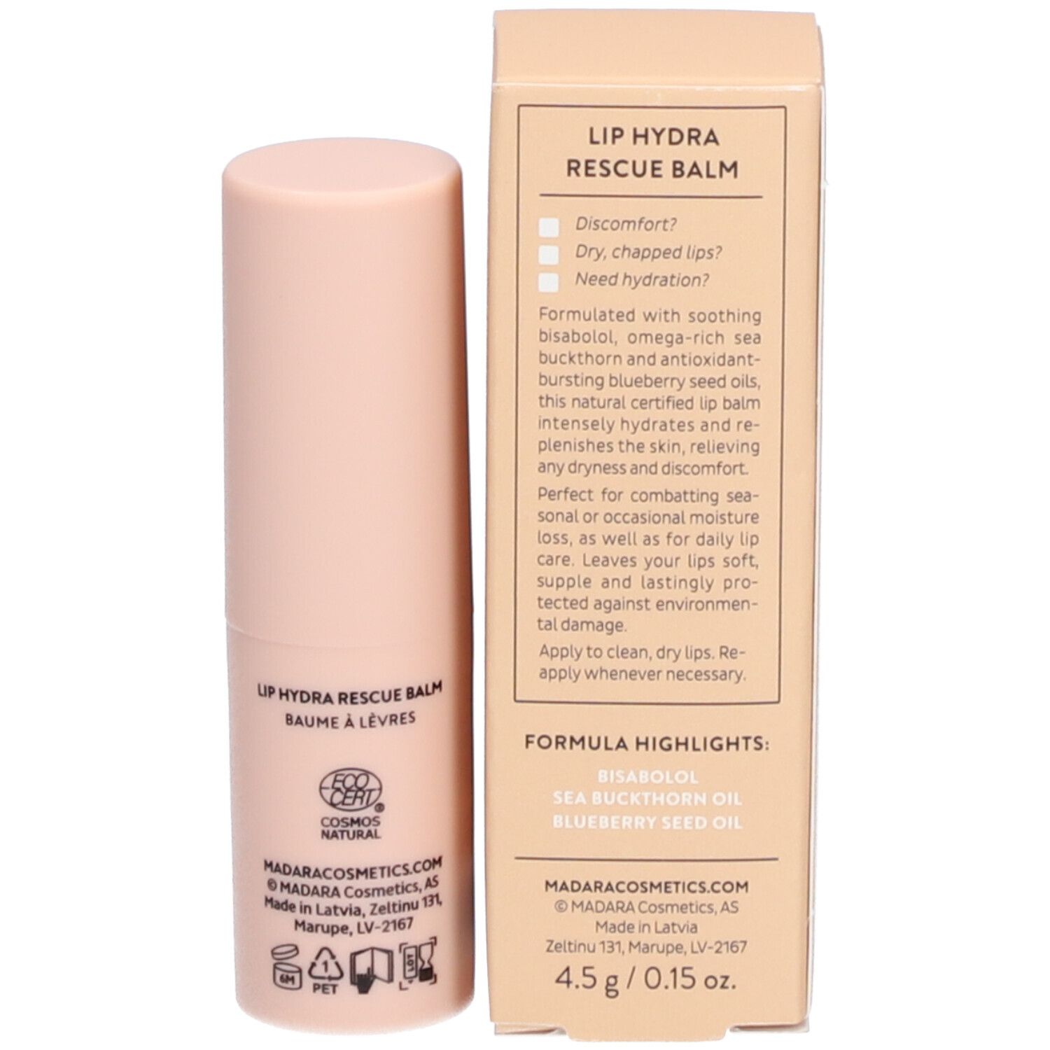 Lippenbalsam und Verpackung. Auf der Verpackung: LIP HYDRA RESCUE BALM, Inhaltsstoffe, Herstelleradresse, 4.5 g / 0.15 oz.
