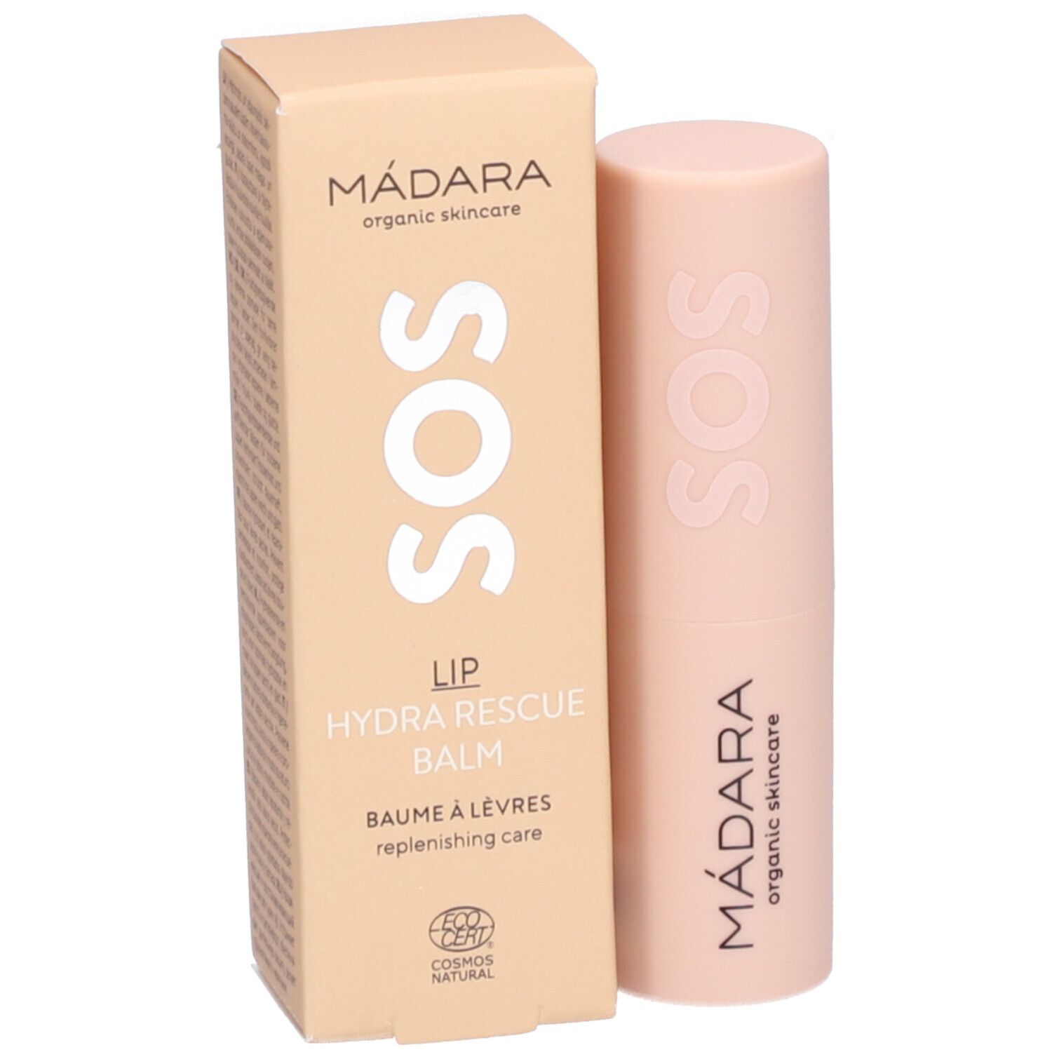 Beige Verpackung und rosafarbener Lippenbalsam. Auf der Verpackung: MÁDARA, SOS, LIP HYDRA RESCUE BALM. Ecocert-Logo.