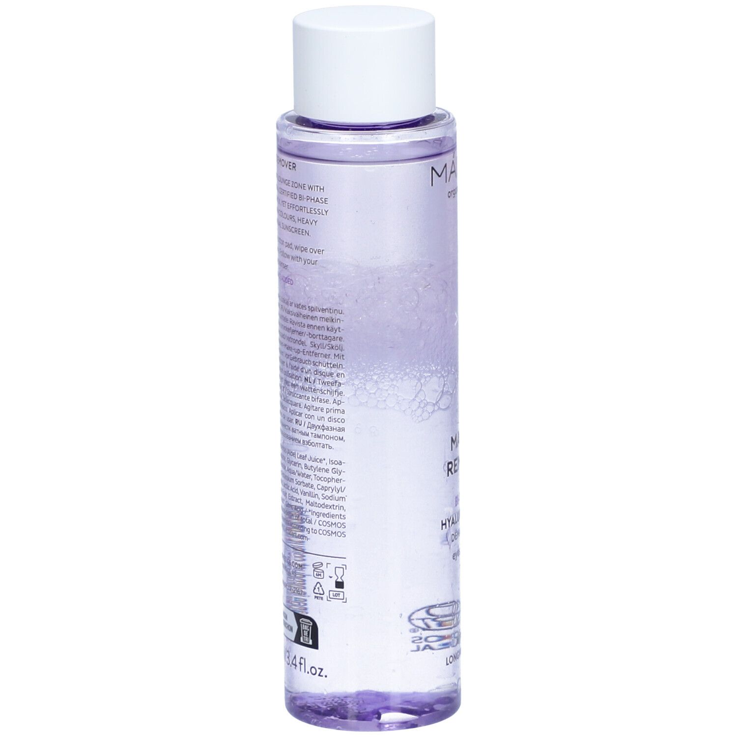 Flasche mit weißem Deckel. Rückseite mit Text. Aufschrift: MAKEUP REMOVER, 100 ml. Mit Inhaltsstoffen und Zertifizierungen.