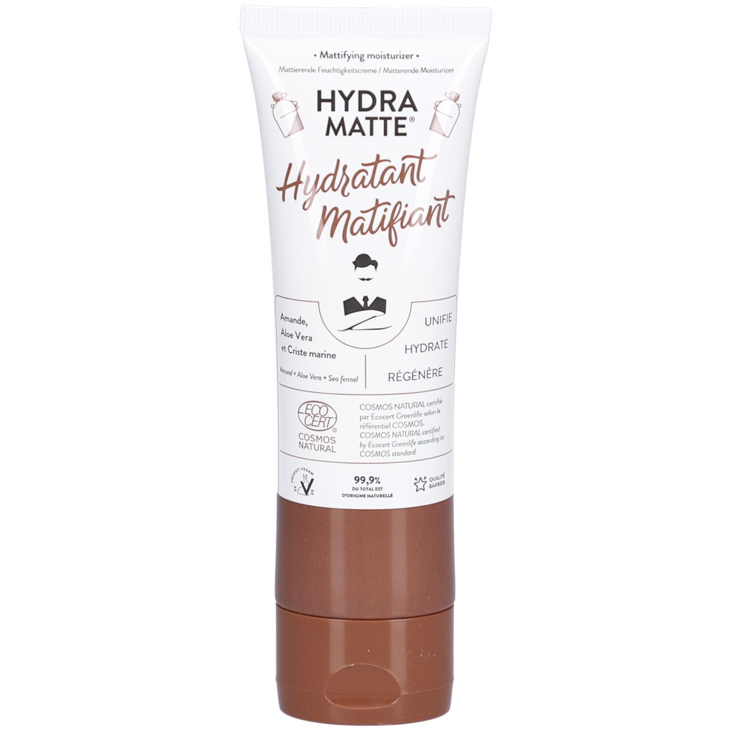 Weiße Tube mit braunem Deckel. Aufschrift: Hydra Matte, Hydratant Matifiant. Enthält Mandel, Aloe Vera und Crithmum maritimum. Vegan.