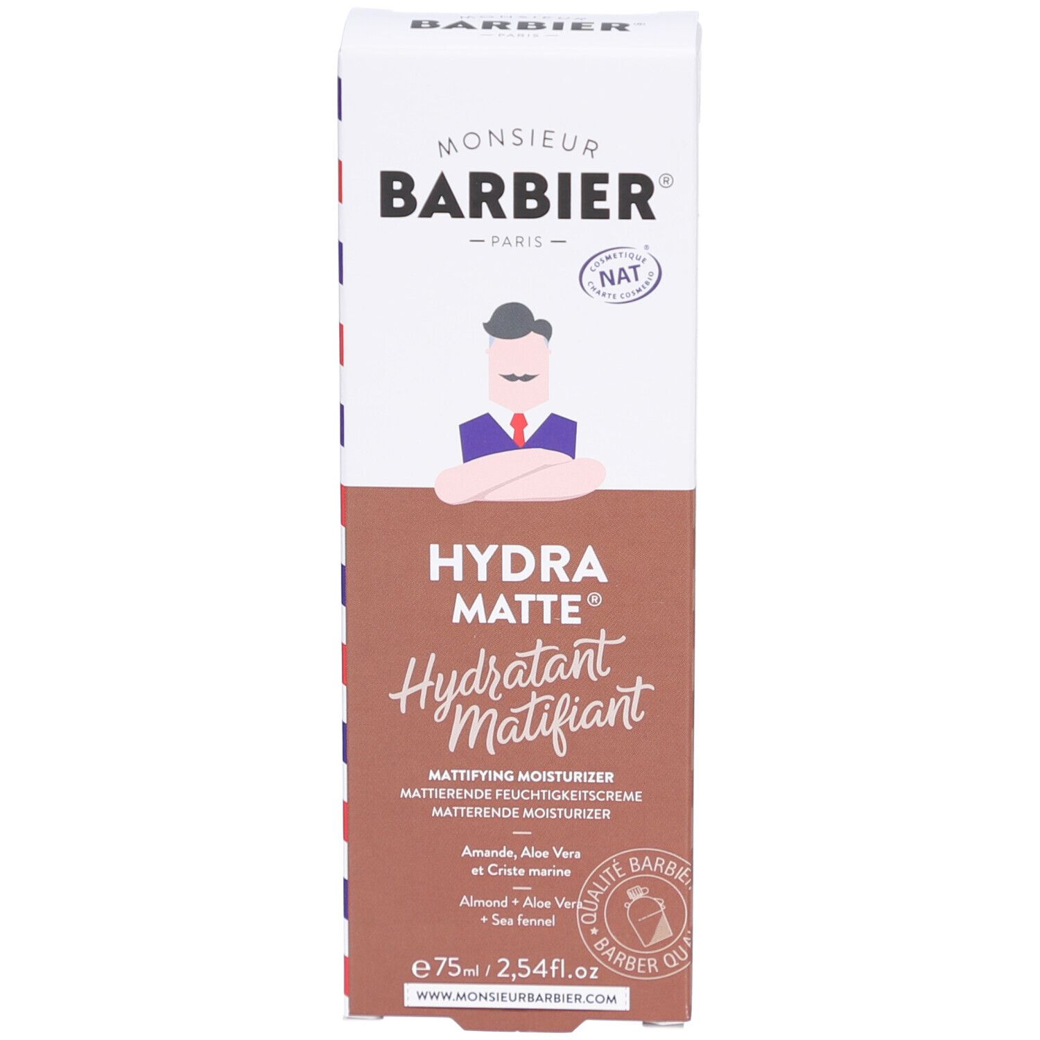 Kartonverpackung. Aufschrift: Hydra Matte, Hydratant Matifiant. Enthält Mandel, Aloe Vera und Crithmum maritimum. Marke: Monsieur BARBIER.