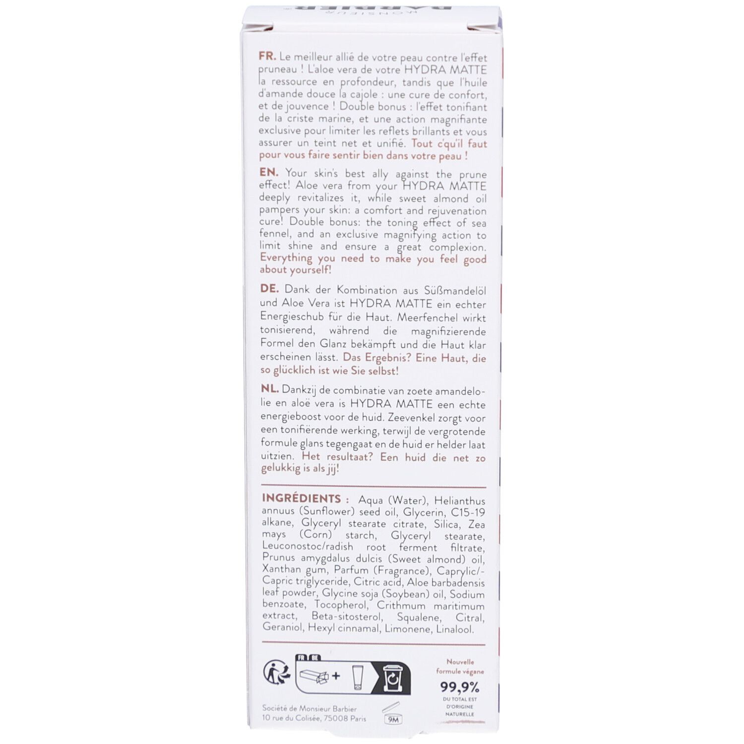 Rückseite der Kartonverpackung. Text in mehreren Sprachen. Enthält Informationen zu Inhaltsstoffen und Anwendung. Vegan-Siegel.