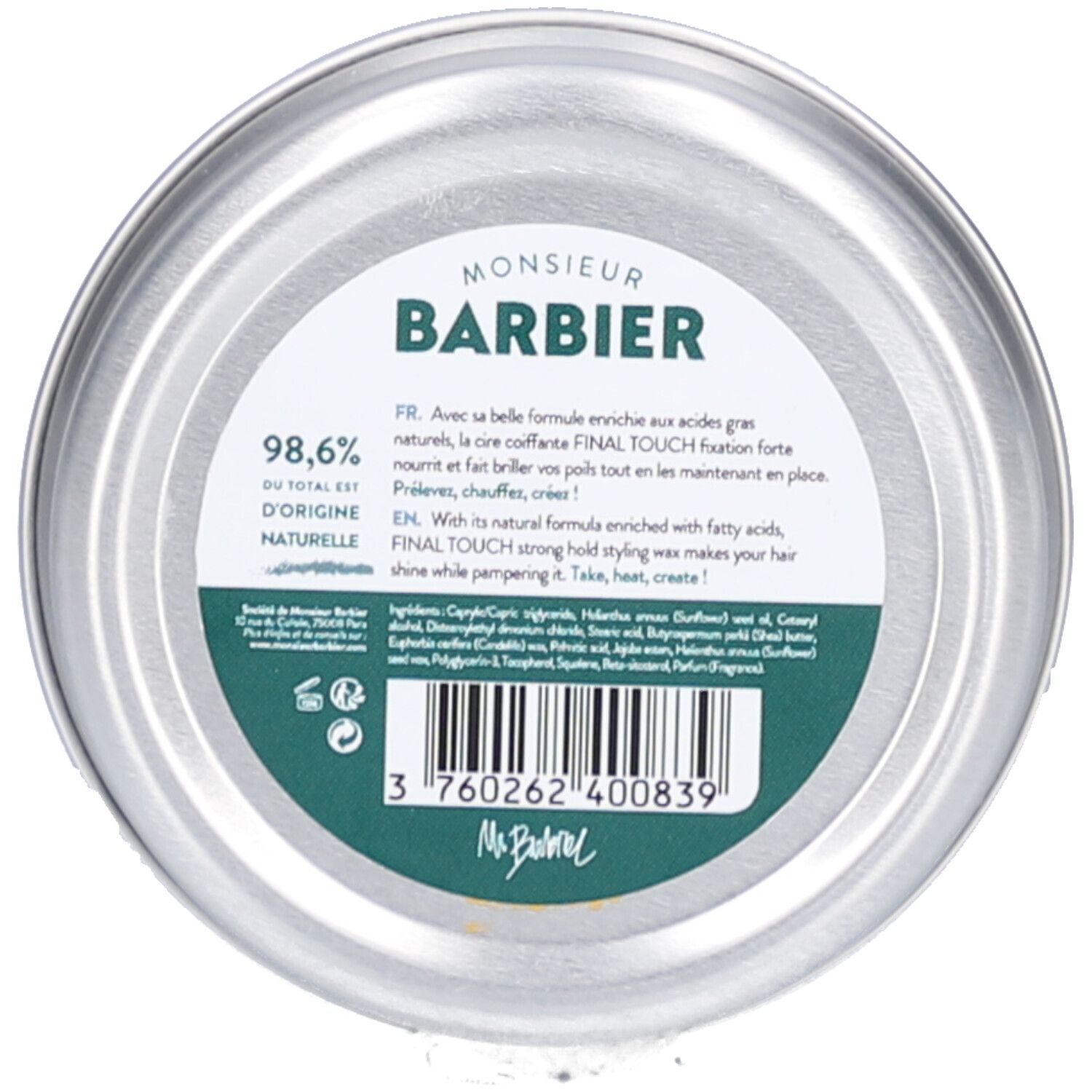 Runde Dose mit grünem Etikett. Aufschrift: "MONSIEUR BARBIER", "98,6% du total est d'origine naturelle". Barcode.