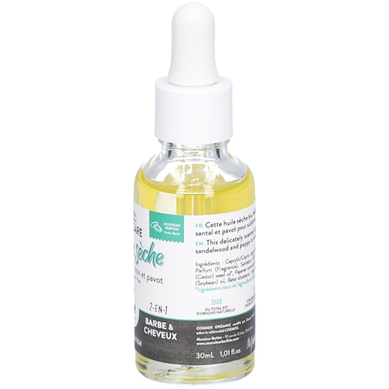 Glasflasche mit gelbem Öl und Pipette. Etikett mit Produktnamen, Inhaltsstoffen und Bio-Siegel.