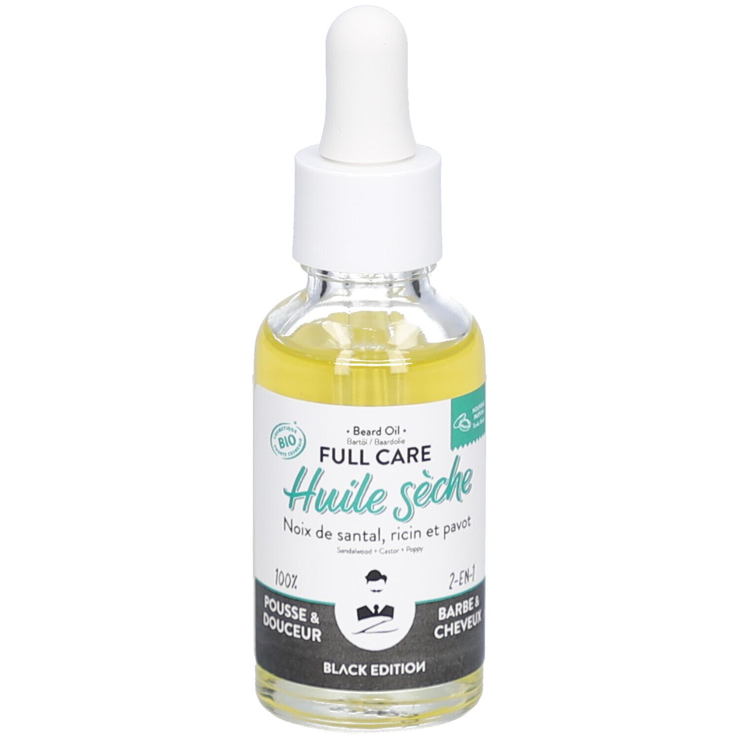 Glasflasche mit gelbem Öl und Pipette. Schwarzes Etikett mit Produktnamen und Bio-Siegel.