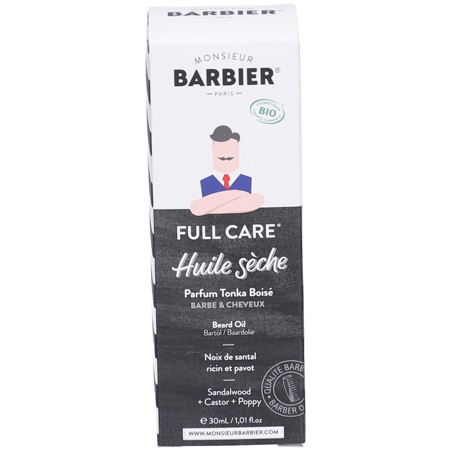 Produktverpackung. Weißer Karton mit Logo, Produktnamen und Produktinformationen.