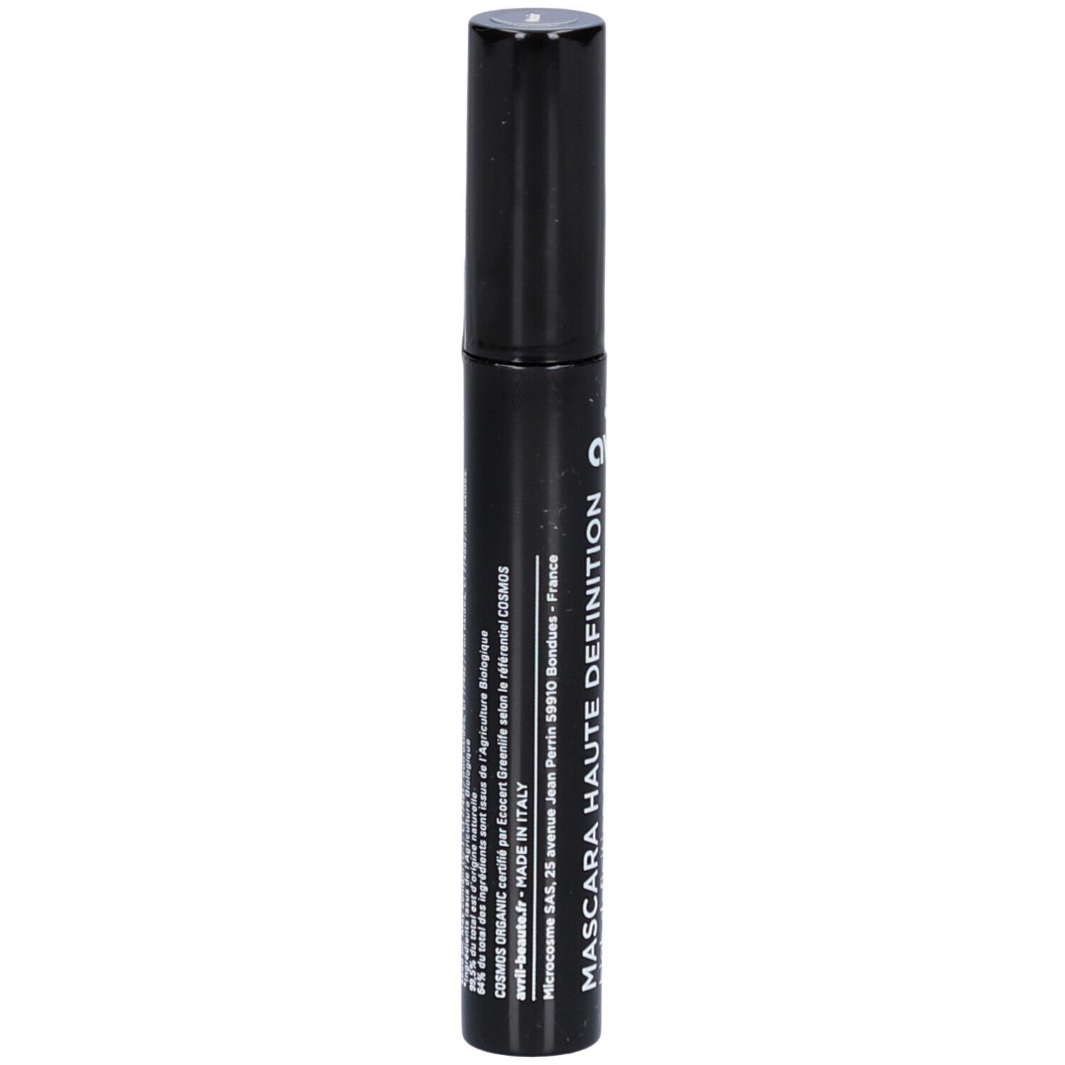 Schwarze Mascara-Tube mit Text. Herstelleradresse: Microcosme SAS, Frankreich. Hergestellt in Italien. COSMOS ORGANIC zertifiziert.