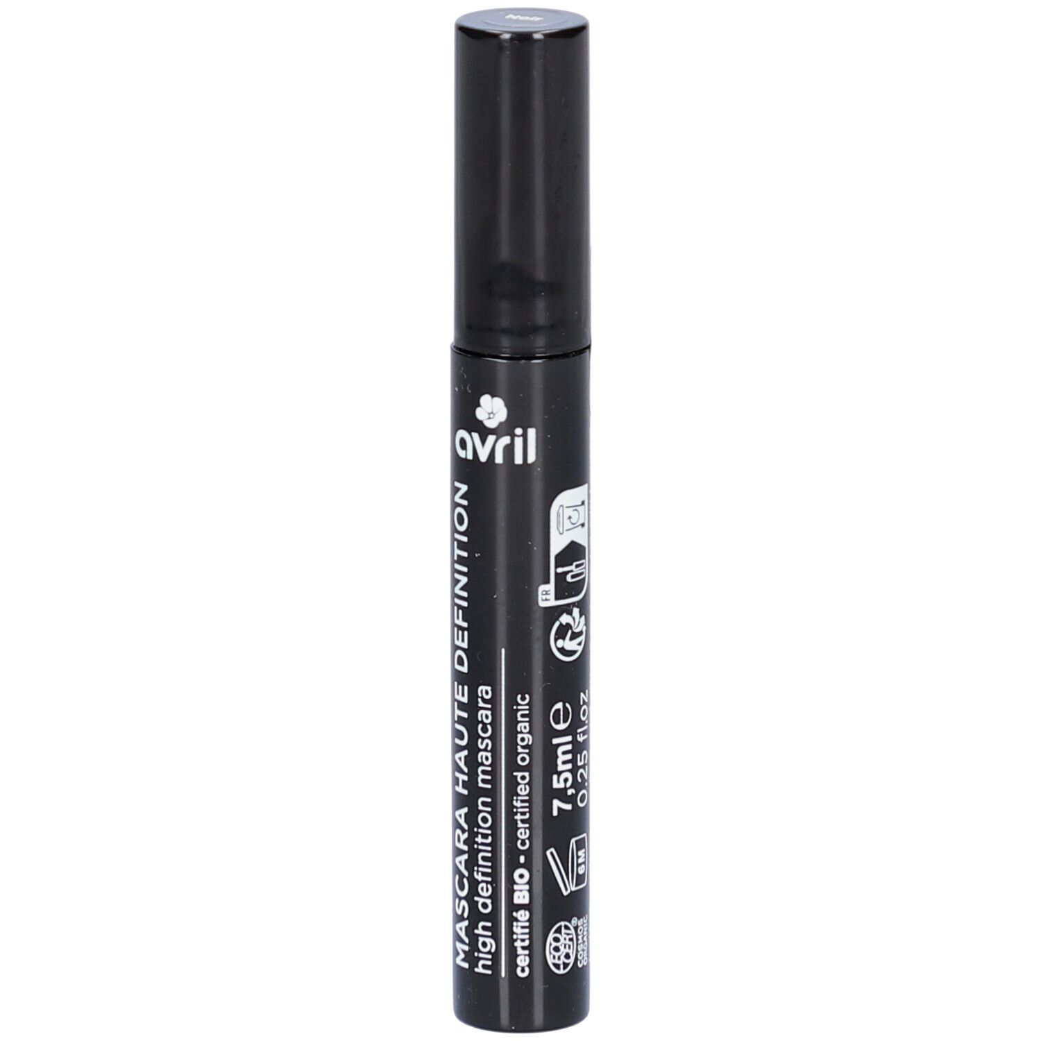 Schwarze Mascara-Tube mit Schriftzug "Mascara Haute Definition" und "Avril". Volumen: 7,5 ml. Zertifiziertes Bio-Produkt.