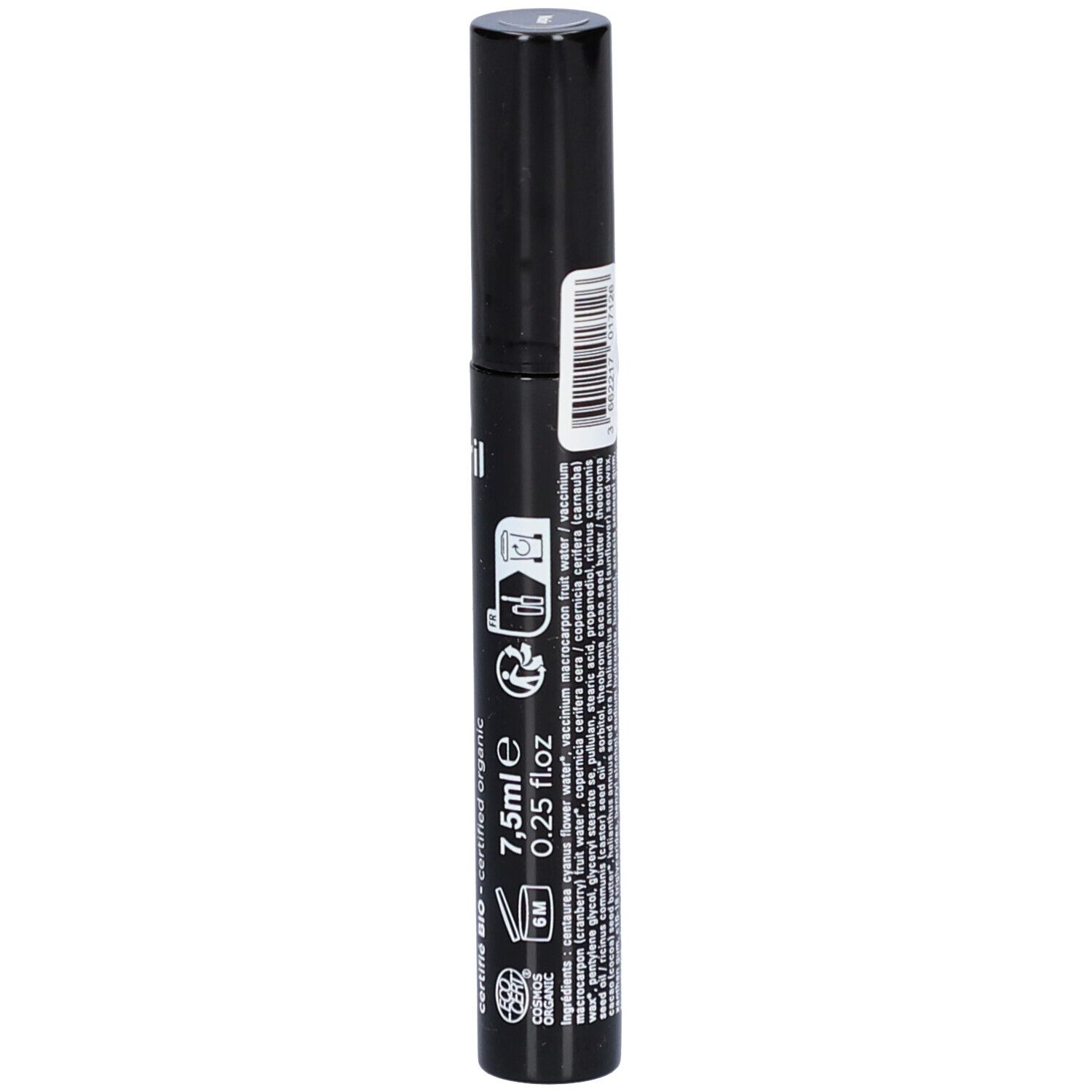 Rückseite der schwarzen Mascara-Tube mit Text, Volumenangabe 7,5ml/0.25 fl oz und Zertifizierungen.