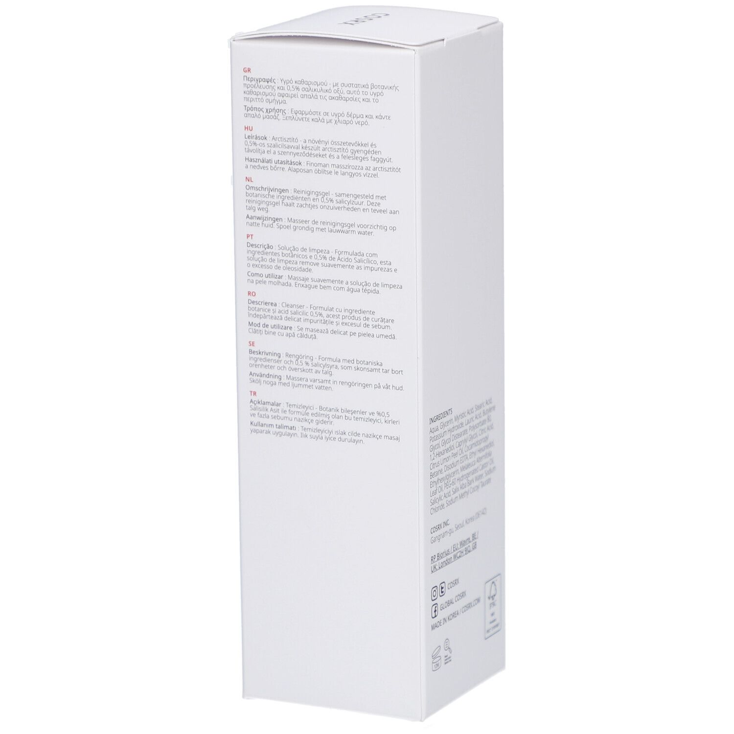 Weiße Verpackung mit Produktbeschreibung in mehreren Sprachen. Text: COSRX Salicylsäure Daily Gentle Cleanser.