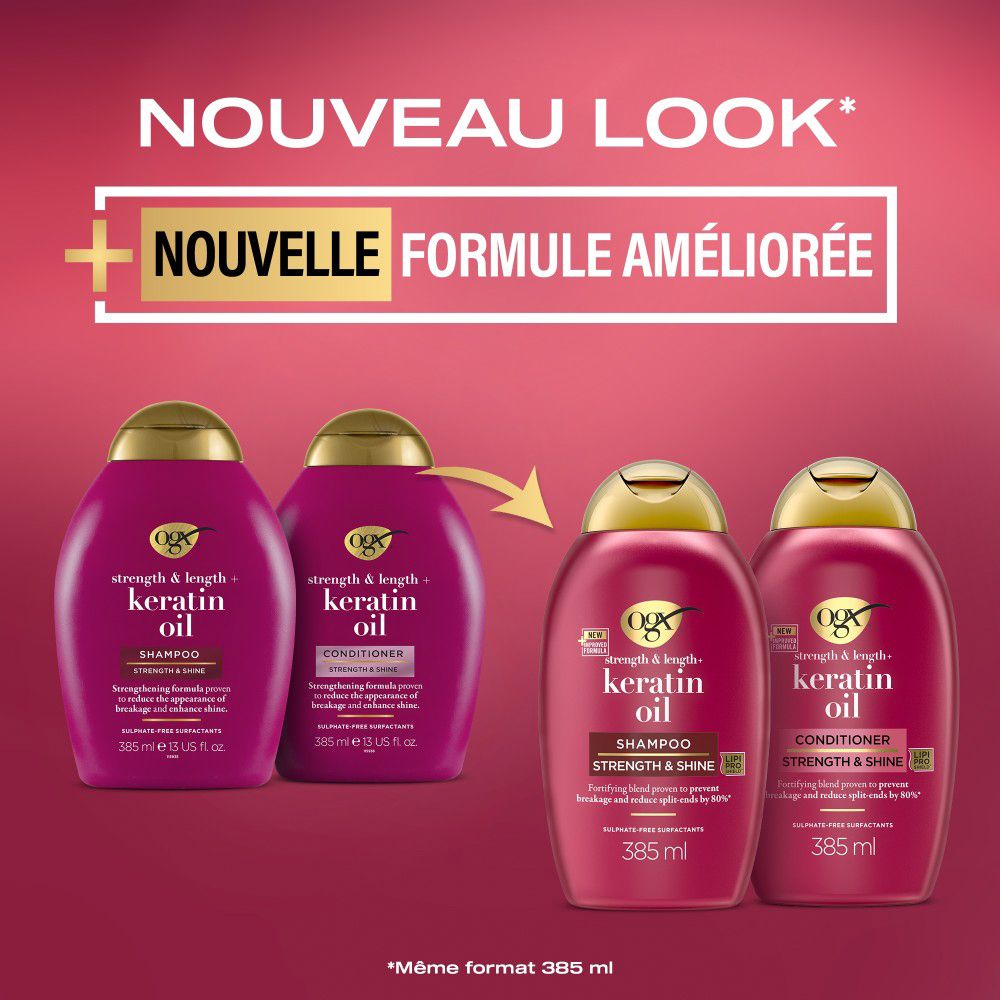 Werbebild mit Shampoo- und Conditioner-Flaschen. Text: Neue Formel, Keratin Oil.