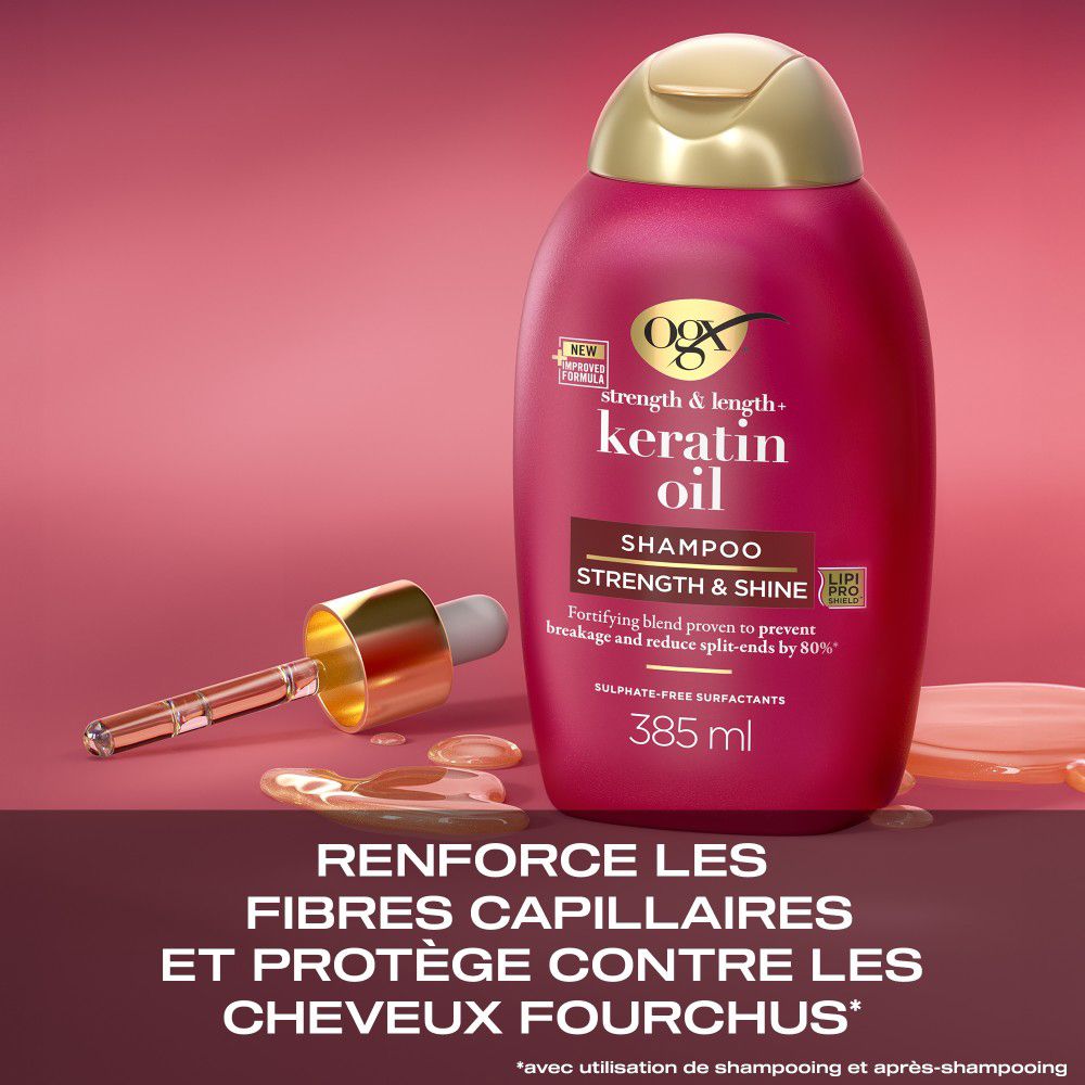 Rote Shampoo-Flasche mit goldfarbenem Deckel. Text: Keratin Oil, Shampoo, 385 ml. Mit Tropfer.