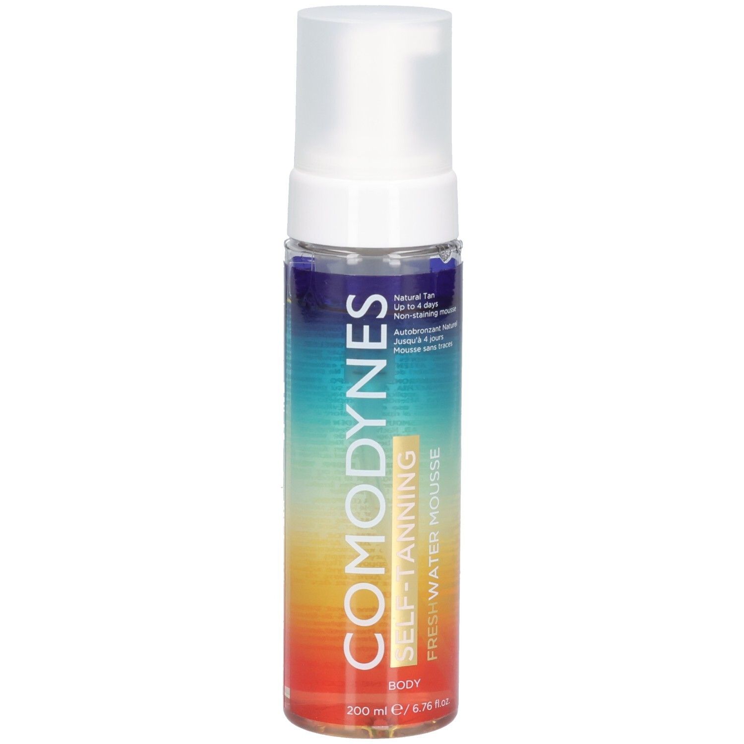 Zylindrische Flasche mit weißem Sprühkopf. Aufschrift: COMODYNES, SELF-TANNING, FRESHWATER MOUSSE. Farbverlauf von Blau nach Gelb und Rot.