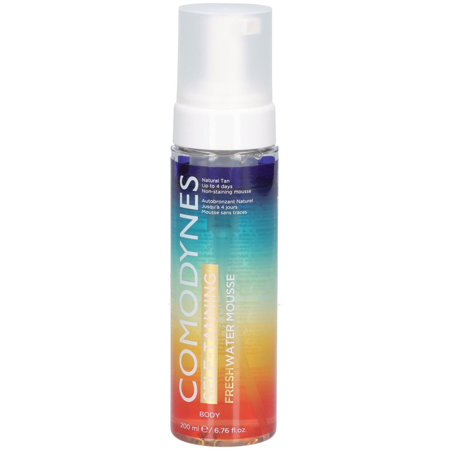 Zylindrische Flasche mit weißem Sprühkopf. Aufschrift: COMODYNES, SELF-TANNING, FRESHWATER MOUSSE. Farbverlauf von Blau nach Gelb und Rot.