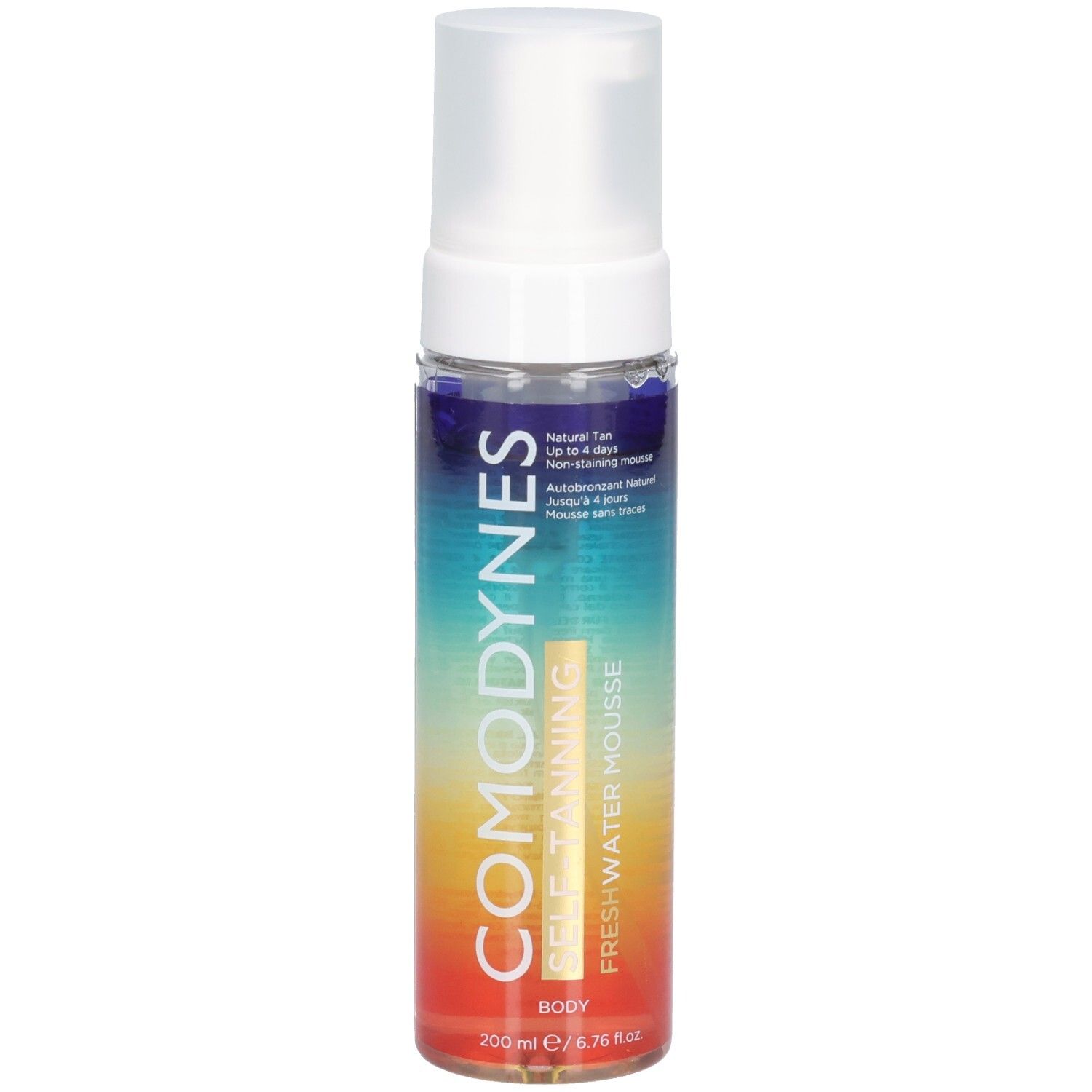 Zylindrische Flasche mit weißem Sprühkopf. Aufschrift: COMODYNES, SELF-TANNING, FRESHWATER MOUSSE. Farbverlauf von Blau nach Gelb und Rot.