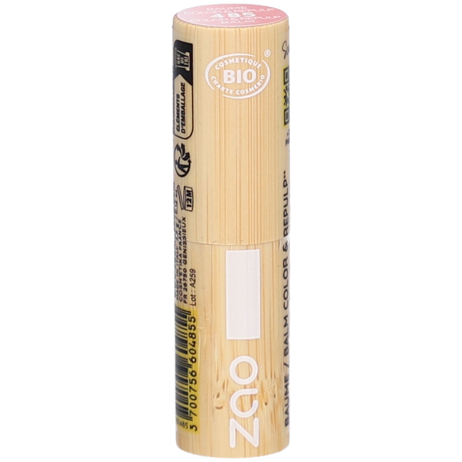 Zylinderförmiger Lippenbalsam-Behälter aus Holz. Oben rosa, mit Aufdrucken. Sichtbar: ZAO-Logo, COSMETIQUE BIO.