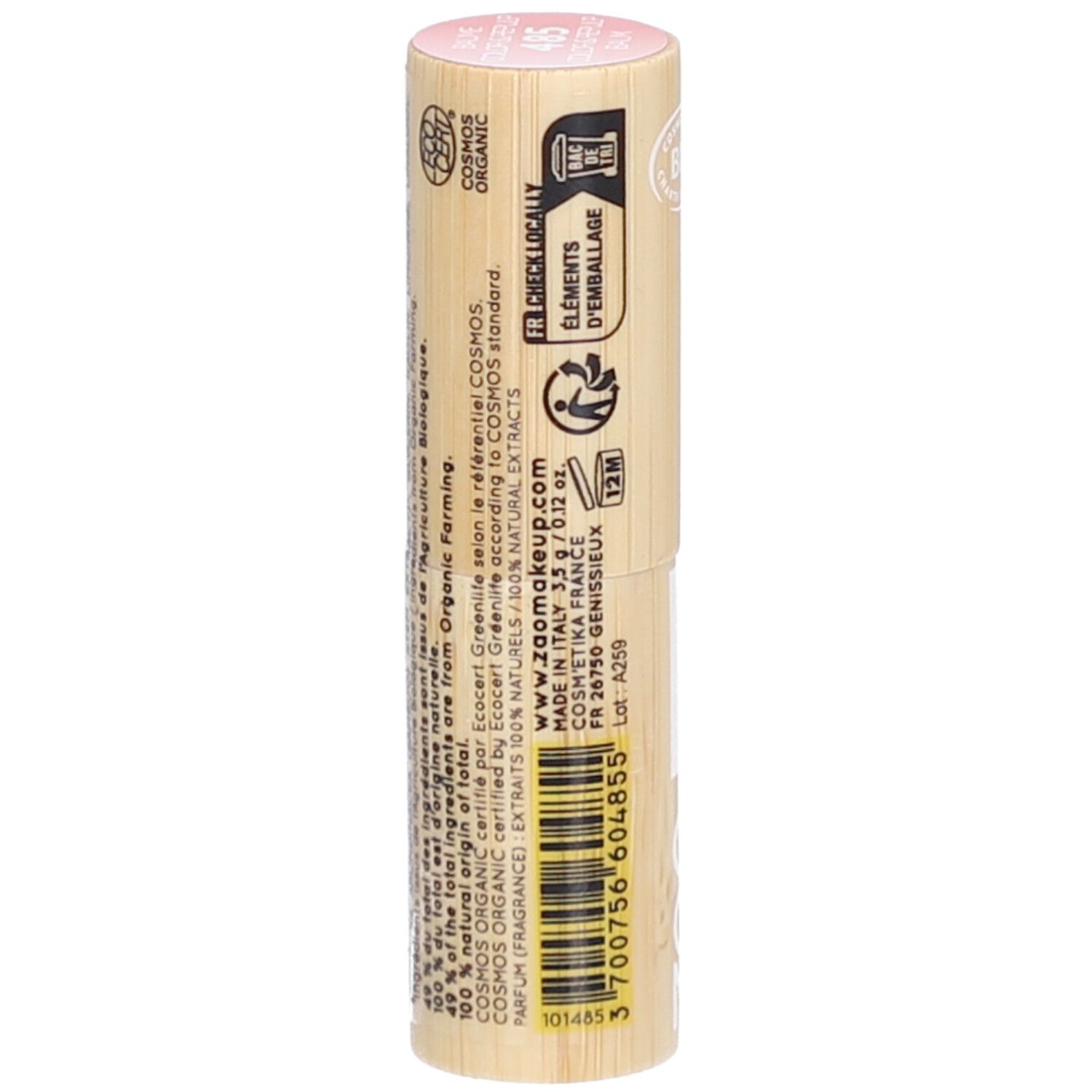 Zylinderförmiger Lippenbalsam-Behälter aus Holz. Rosa oben, mit Aufdrucken. Sichtbar: COSMOS ORGANIC, Text, Barcode.