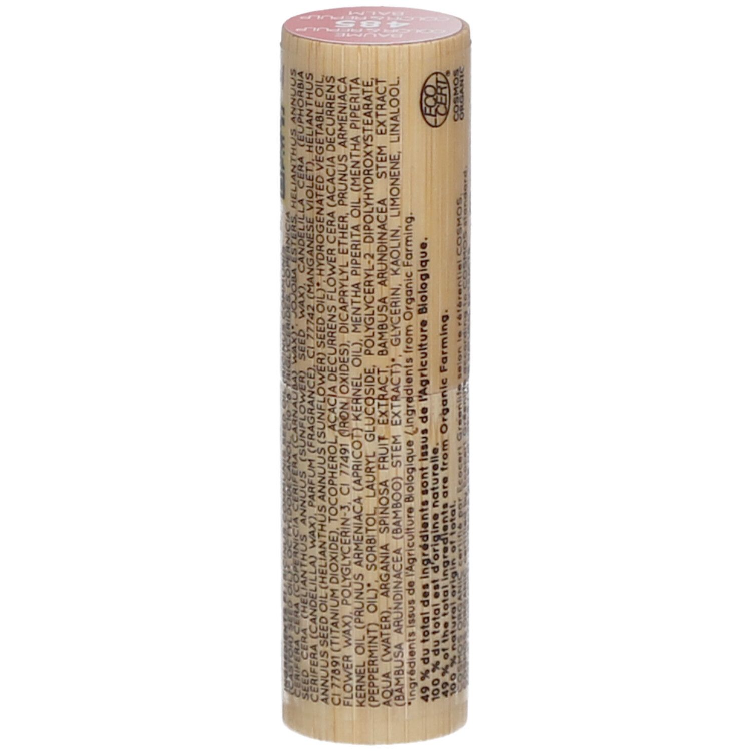 Zylinderförmiger Lippenbalsam-Behälter aus Holz. Rosa oben, mit Aufdrucken. Sichtbar: Inhaltsstoffe, COSMOS ORGANIC.