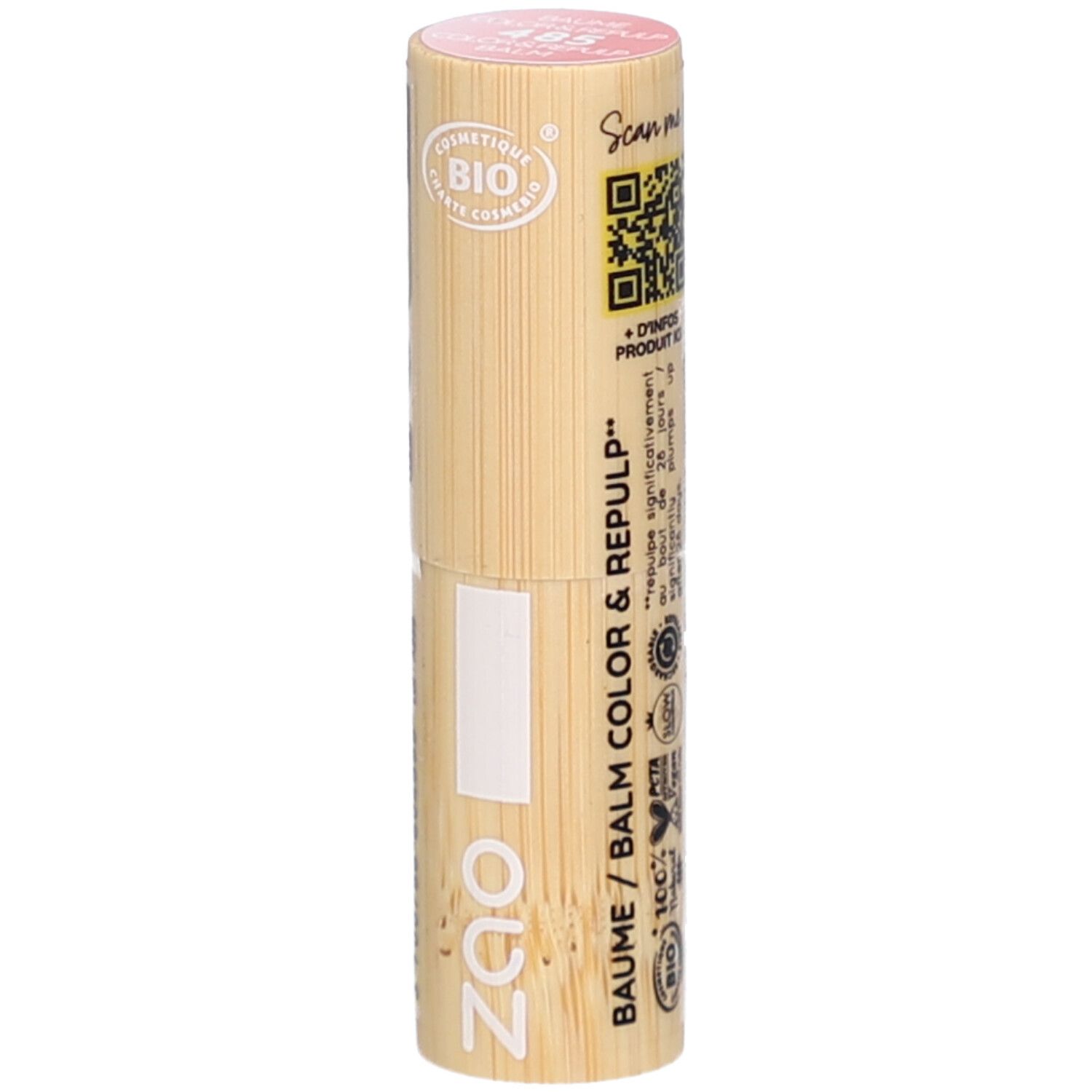 Zylinderförmiger Lippenbalsam-Behälter aus Holz. Rosa oben, mit Aufdrucken. Sichtbar: ZAO-Logo, BAUME / COLOR & REPULP, COSMETIQUE BIO.