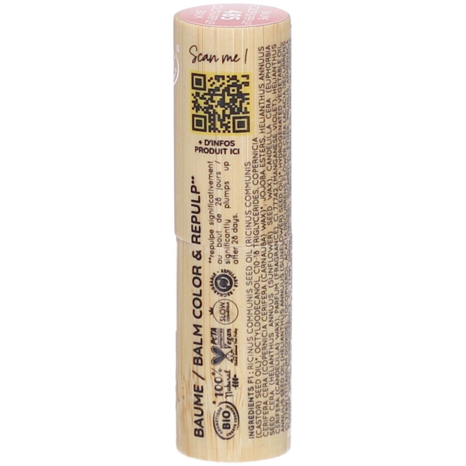 Zylinderförmiger Lippenbalsam-Behälter aus Holz. Rosa oben, mit Aufdrucken. Sichtbar: BAUME / COLOR & REPULP, COSMOS ORGANIC, QR-Code.
