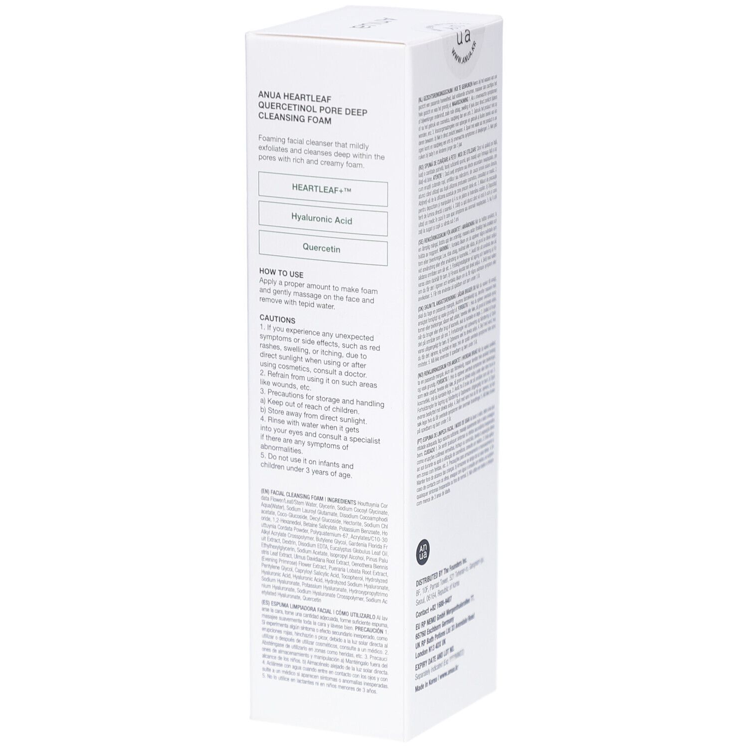 Weiße rechteckige Verpackung. Aufschrift: Anua, Heartleaf + BHA, Quercetinol Pore Deep Cleansing Foam. Grün-weiße Farbgebung.