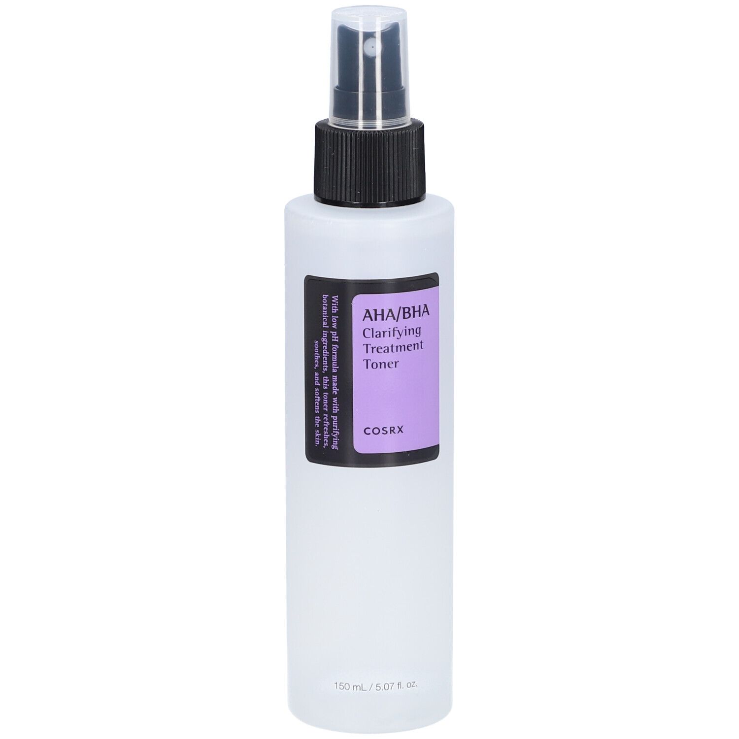Weiße Flasche mit schwarzem Sprühkopf. Etikett mit Text: AHA/BHA Clarifying Treatment Toner. Marke COSRX.