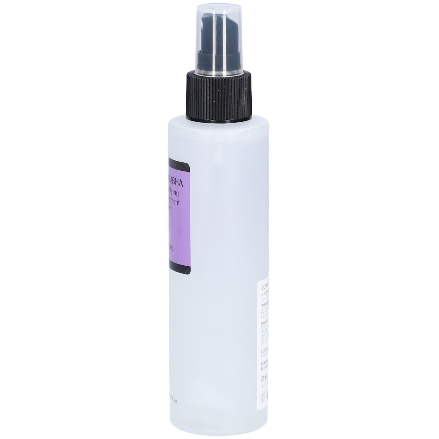 Weiße Flasche mit schwarzem Sprühkopf. Etikett mit Text: AHA/BHA Clarifying Treatment Toner. Marke COSRX.