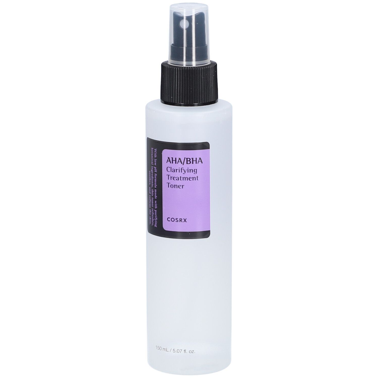 Weiße Flasche mit schwarzem Sprühkopf. Etikett mit Text: AHA/BHA Clarifying Treatment Toner. Marke COSRX.