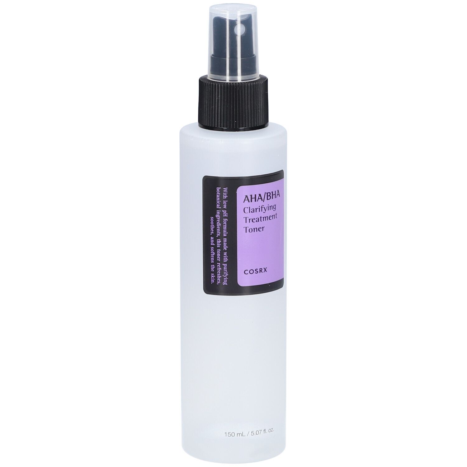 Weiße Flasche mit schwarzem Sprühkopf. Etikett mit Text: AHA/BHA Clarifying Treatment Toner. Marke COSRX.