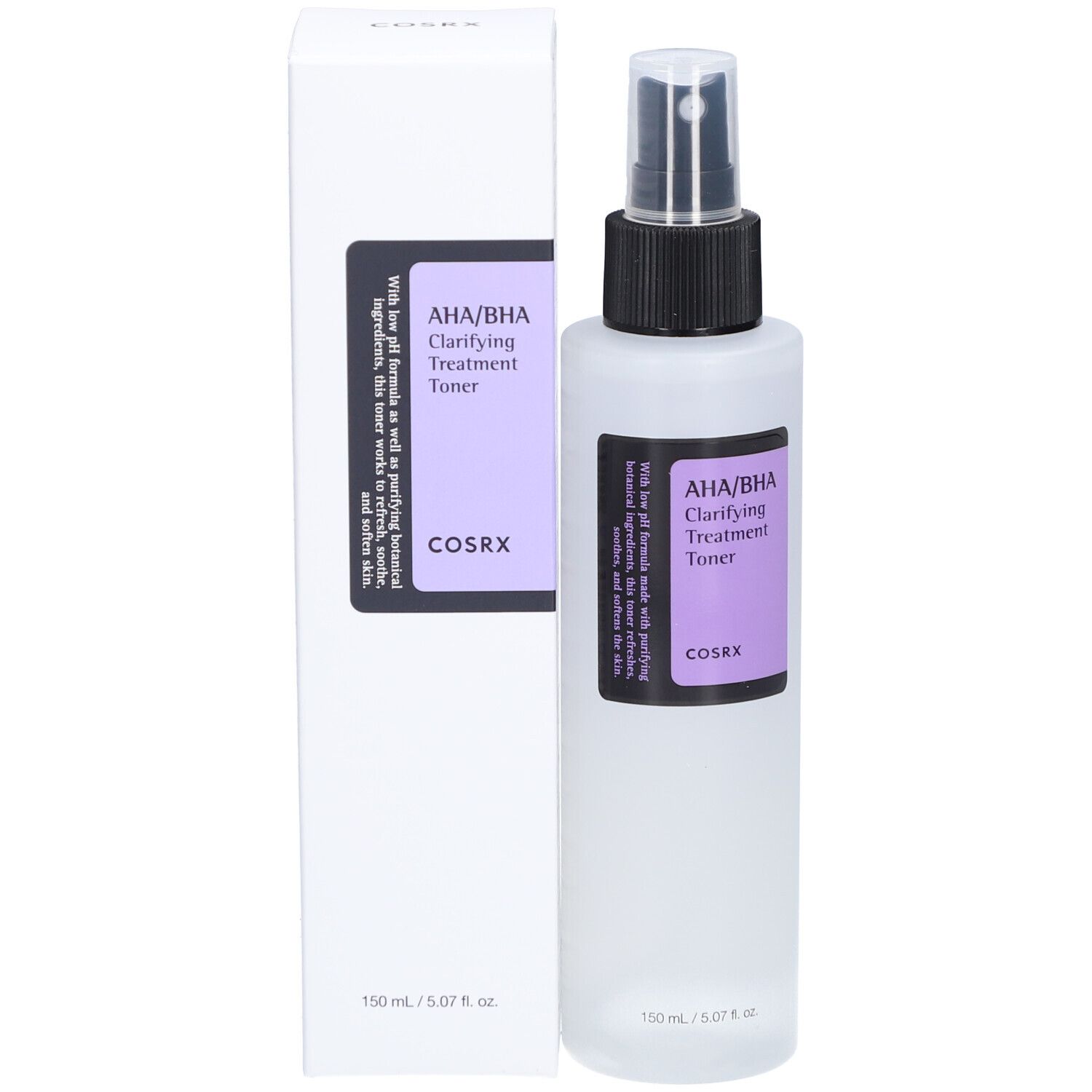 Weiße Flasche und Verpackung. Text: AHA/BHA Clarifying Treatment Toner. Marke COSRX. Flasche und Box.