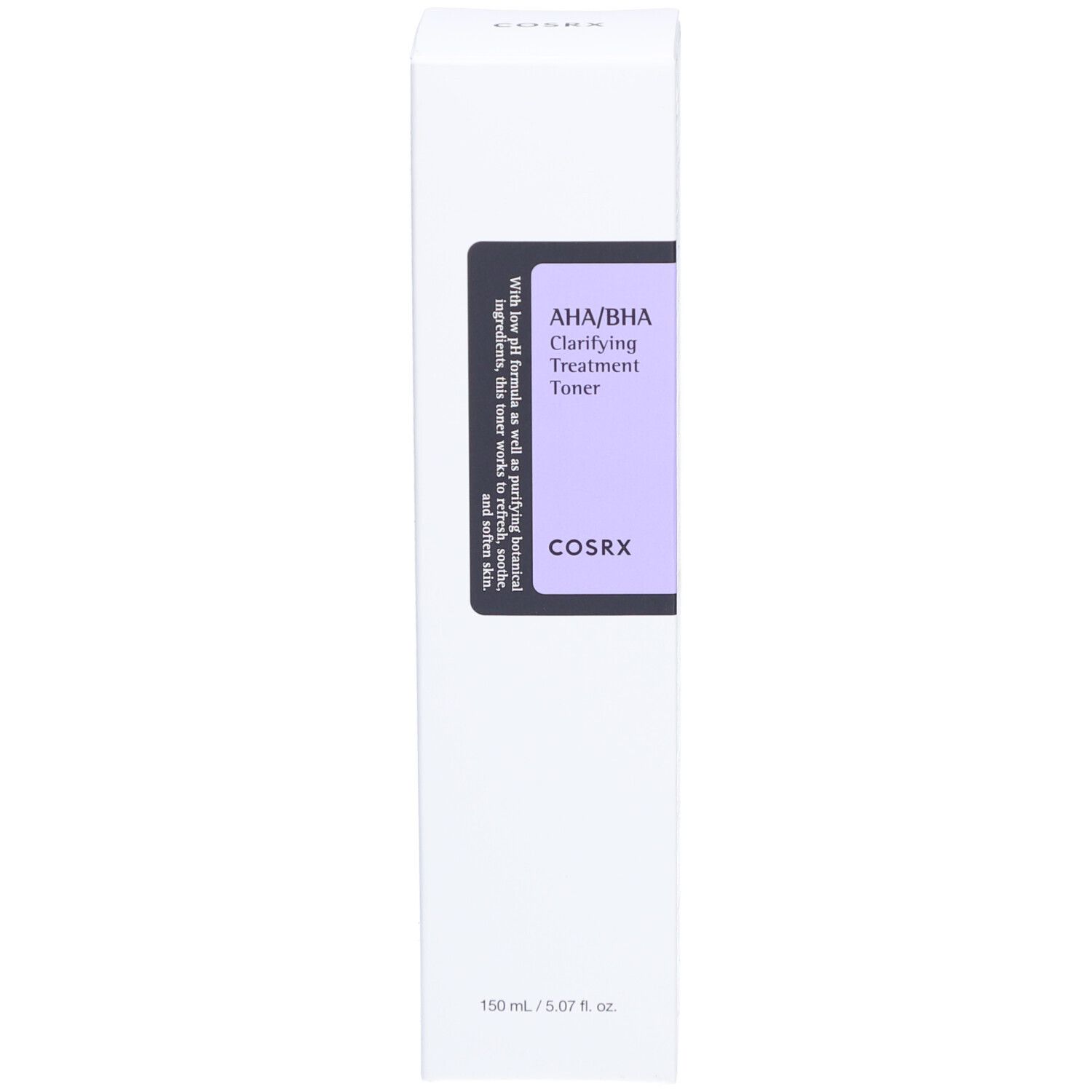 Weiße Verpackung. Text: AHA/BHA Clarifying Treatment Toner. Marke COSRX. Flasche und Box.