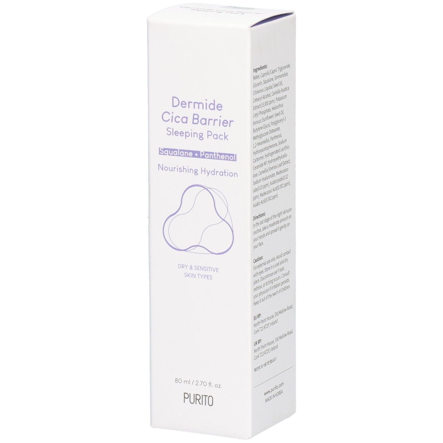 Weiße Produktverpackung mit Produktnamen und Logo. Text: Dermide Cica Barrier Sleeping Pack, Squalane + Panthenol, Nourishing Hydration, Dry & Sensitive Skin Types.