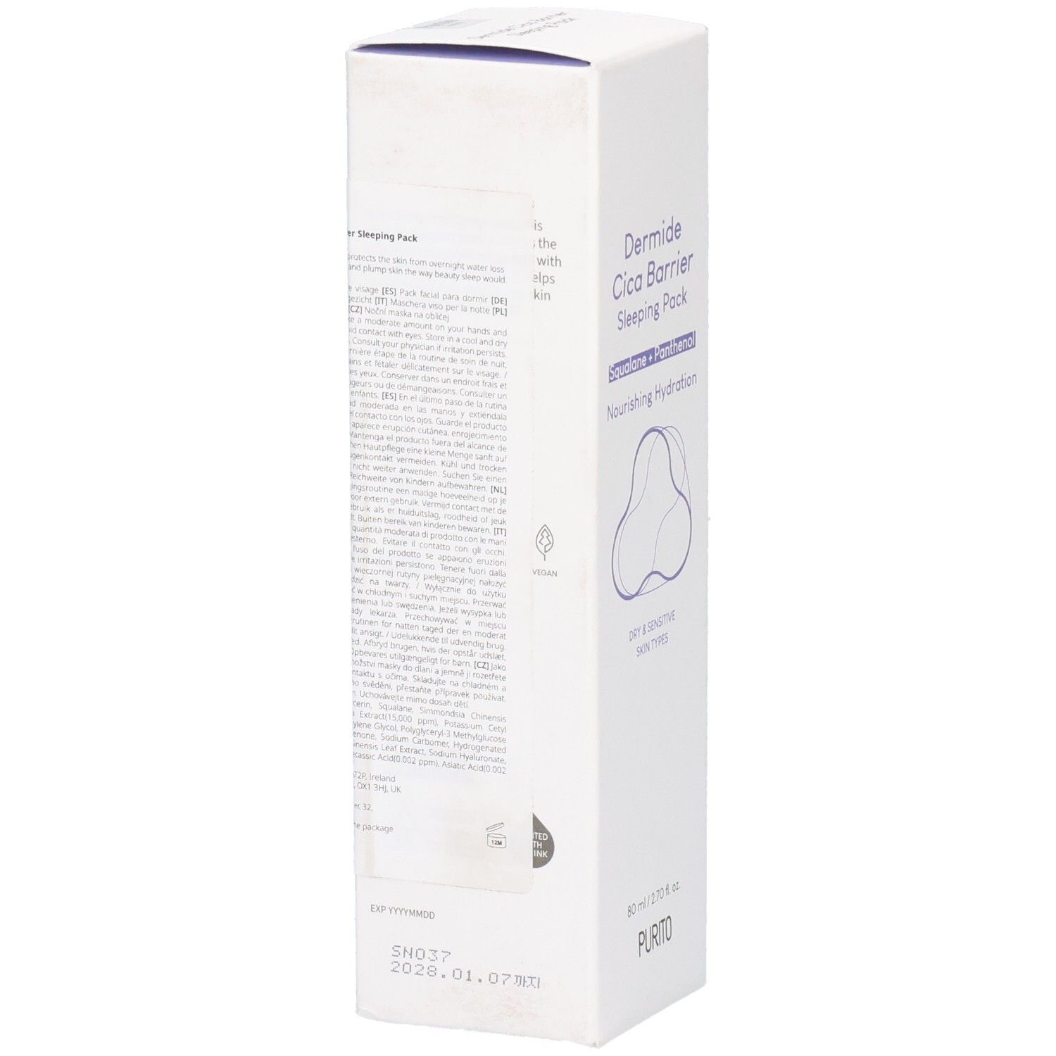 Weiße Produktverpackung, Seitenansicht. Text und Inhaltsstoffe sind sichtbar. Logo und Produktname sind ebenfalls vorhanden.