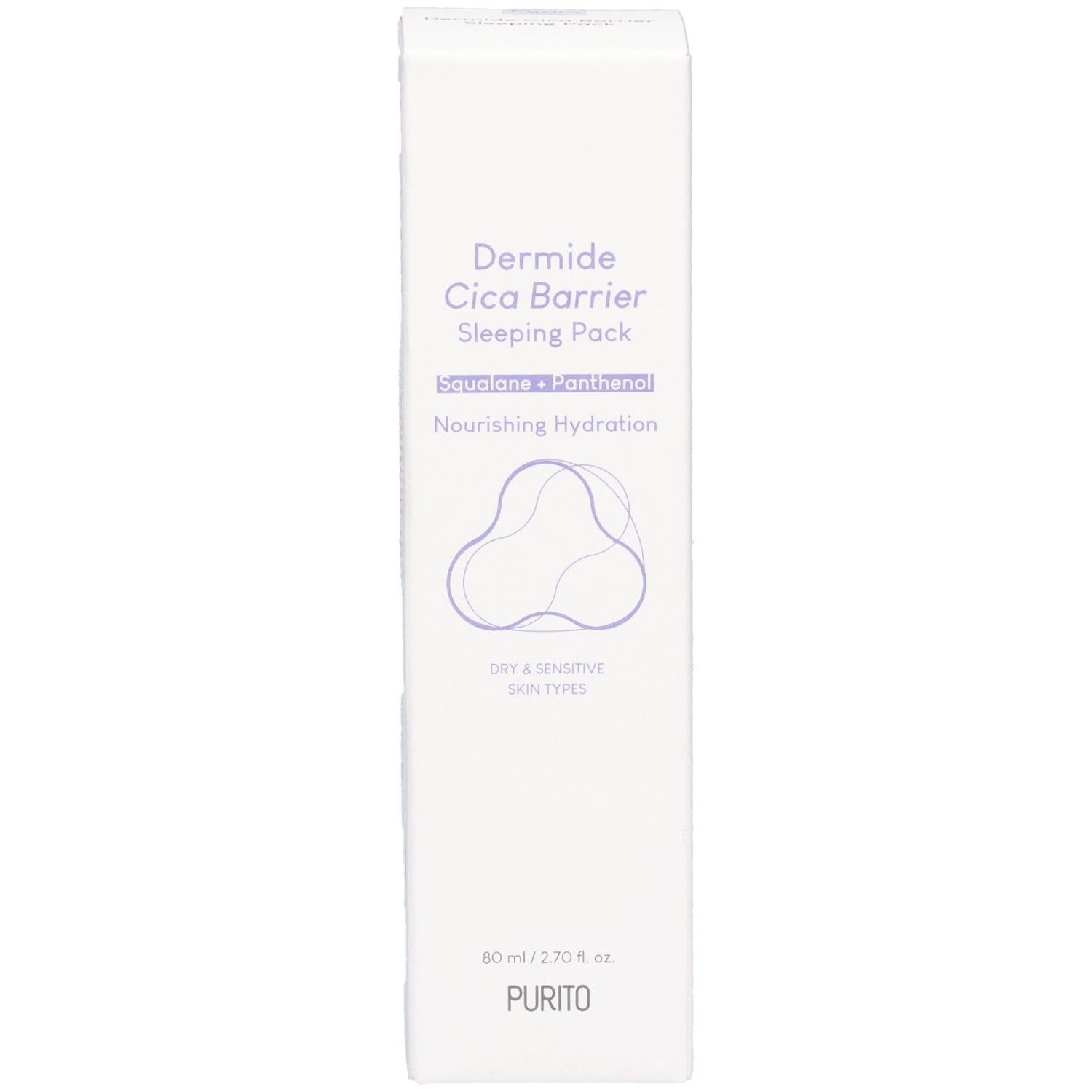 Weiße Produktverpackung mit Produktnamen und Logo. Text: Dermide Cica Barrier Sleeping Pack, Squalane + Panthenol, Nourishing Hydration, Dry & Sensitive Skin Types.