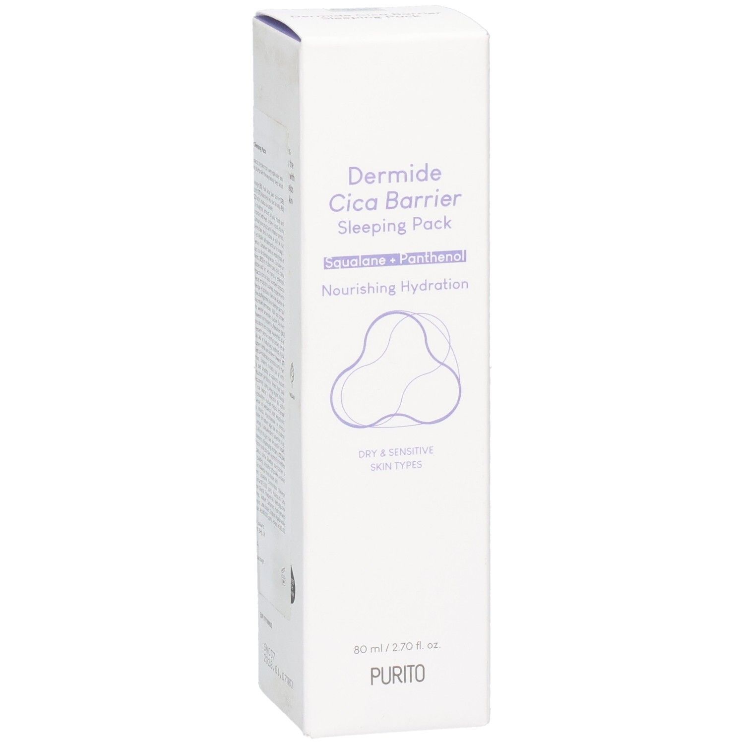 Weiße Produktverpackung mit Produktnamen und Logo. Text: Dermide Cica Barrier Sleeping Pack, Squalane + Panthenol, Nourishing Hydration, Dry & Sensitive Skin Types.